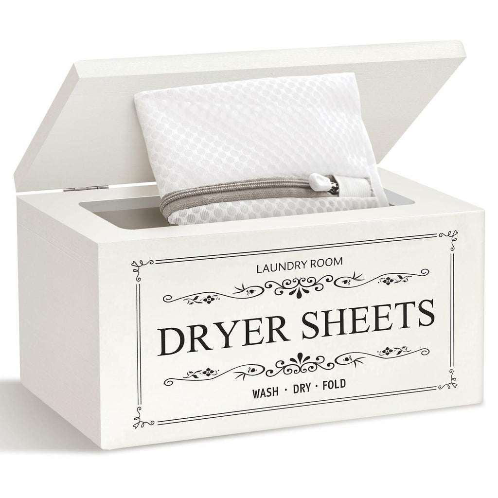 Generic Wooden Dryer Sheet Holder Dispenser with Laundry Bag White 180 Capacity