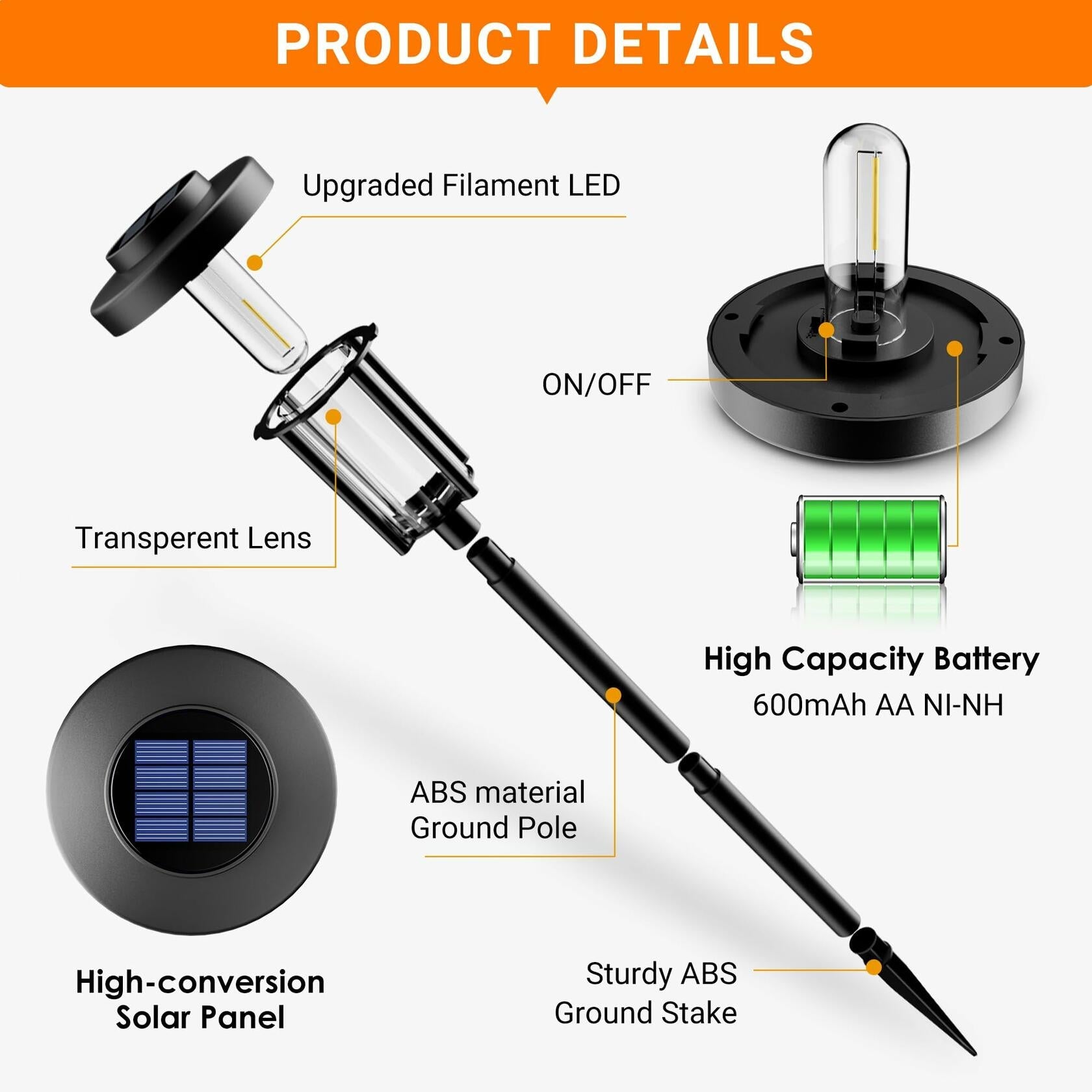 GIGALUMI Solar Outdoor Pathway Lights Waterproof Warm White 6 Pack