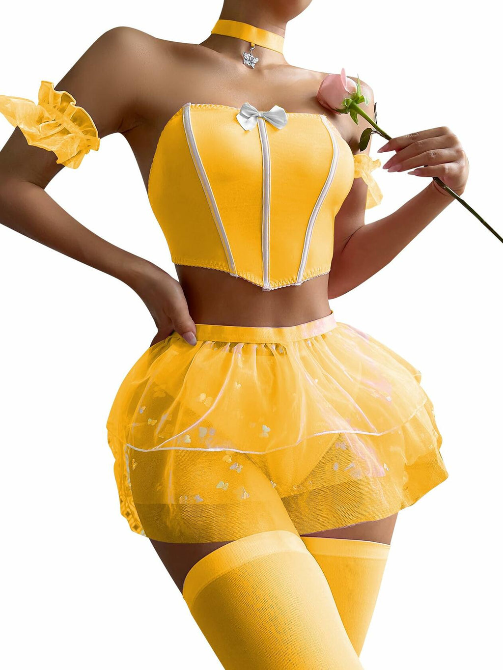 OYOANGLE Women's 6pc Babydoll Lingerie Set Bow Front Chemise Skirt Yellow XL