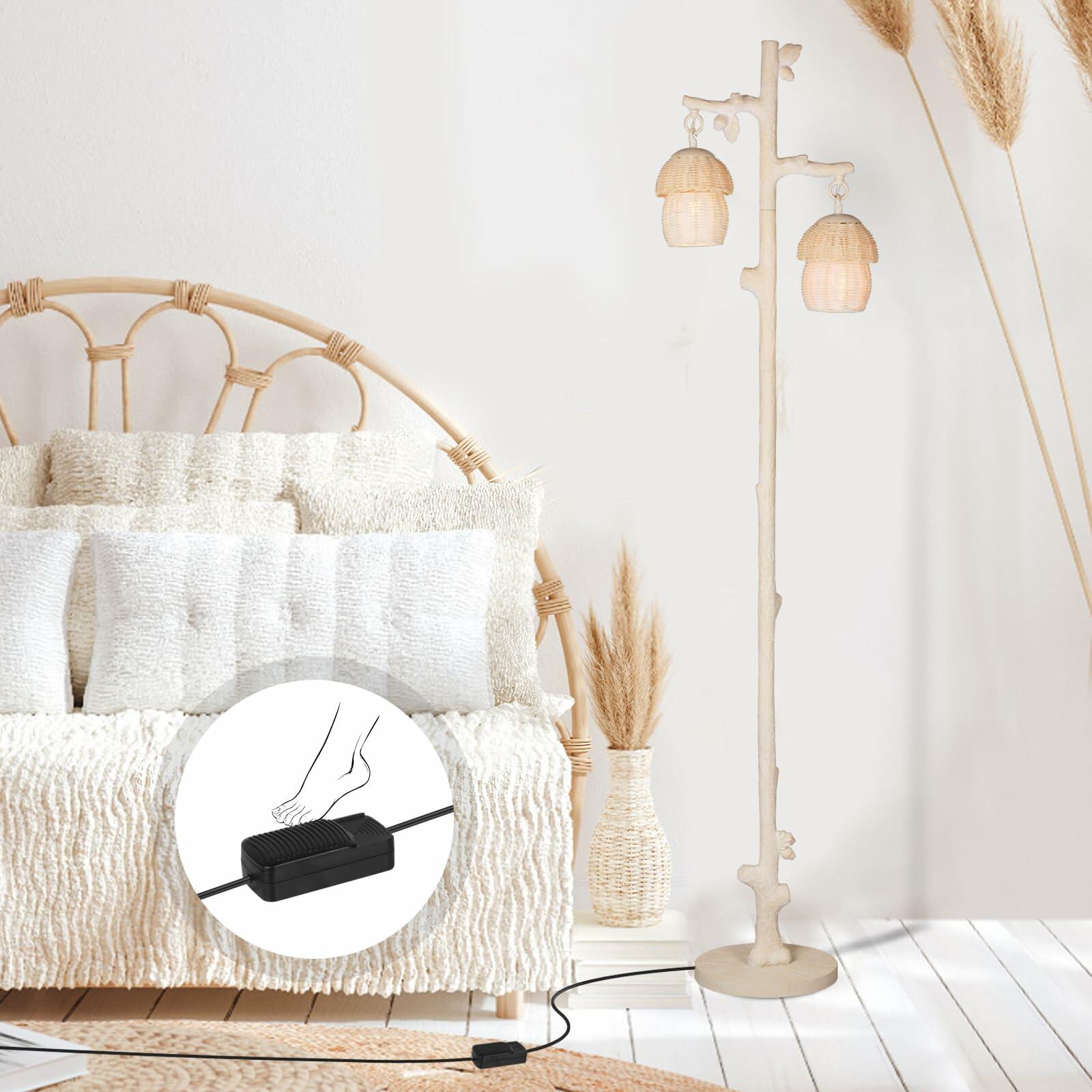 WOXXX Rattan Floor Lamp Faux Wood Finish Boho Leaves Decor Beige