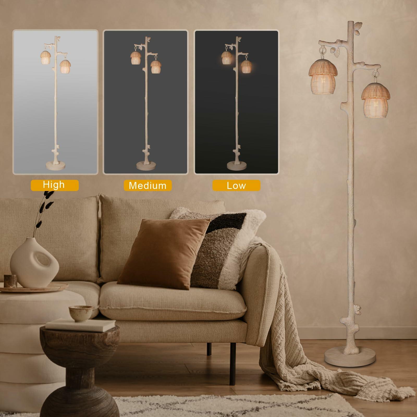 WOXXX Rattan Floor Lamp Faux Wood Finish Boho Leaves Decor Beige