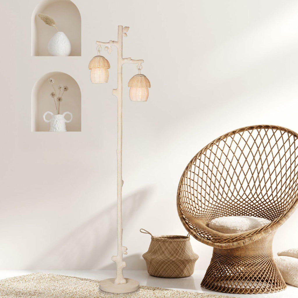 WOXXX Rattan Floor Lamp Faux Wood Finish Boho Leaves Decor Beige