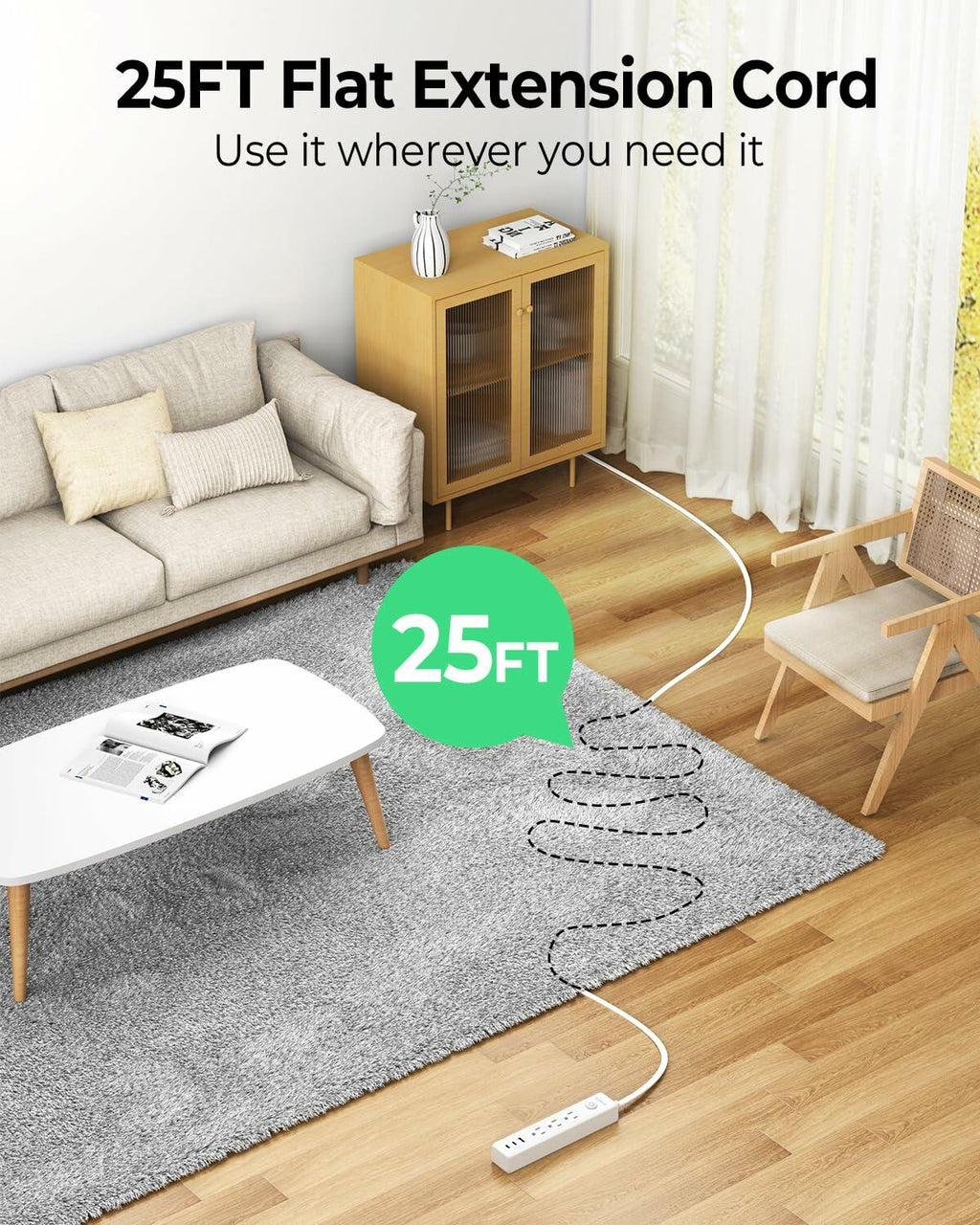 ORICO Flat Extension Cord 25ft 3 Outlets 3 USB Ports Flat Plug White