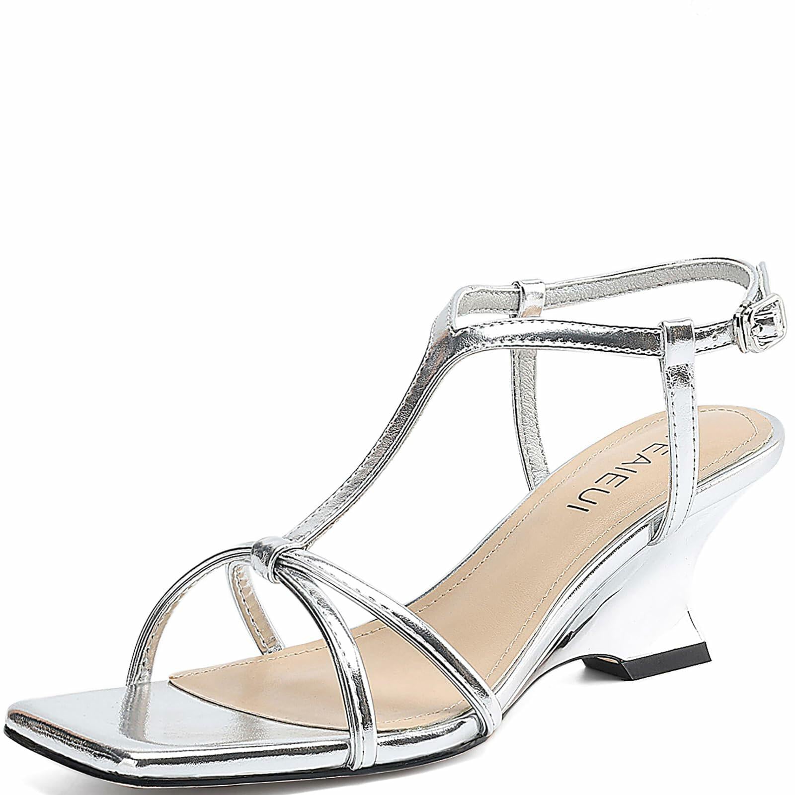 TEAIEUI Women's Silver Strappy Wedge Sandals Open Toe Heels Size 8