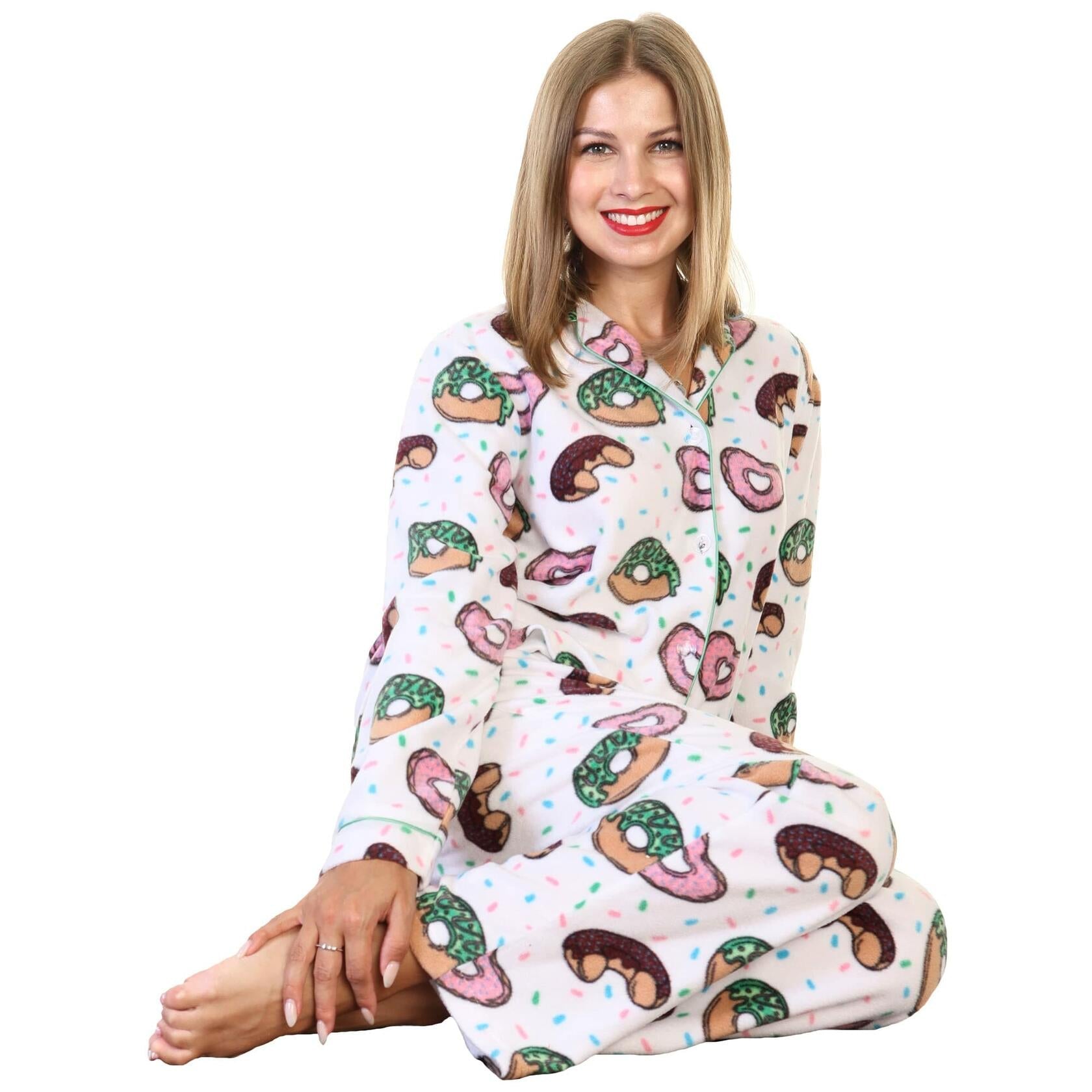 Angelina Women's Cozy Fleece Pajama Set Notch Collar Pockets Donuts Size 2XL