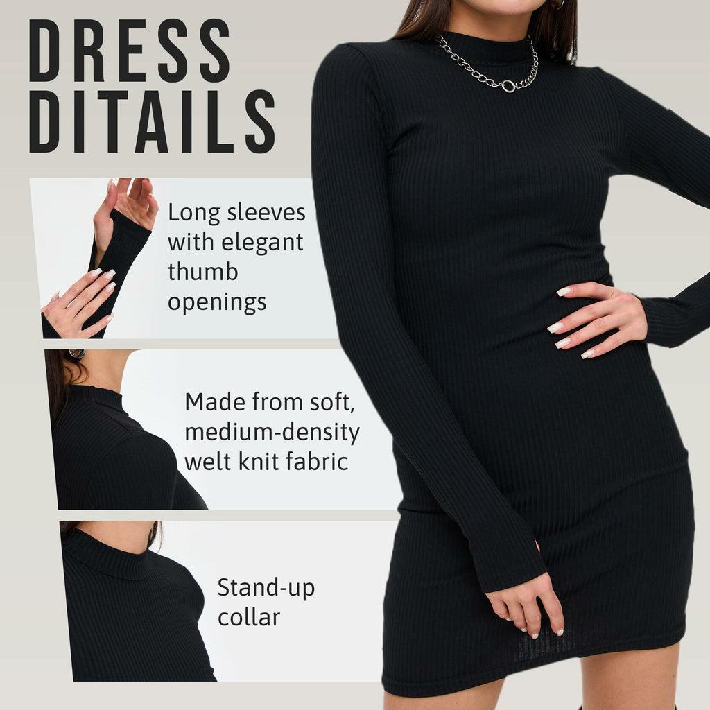 KROSHKA Women's Black Ribbed Bodycon Long Sleeve Mini Dress Size S