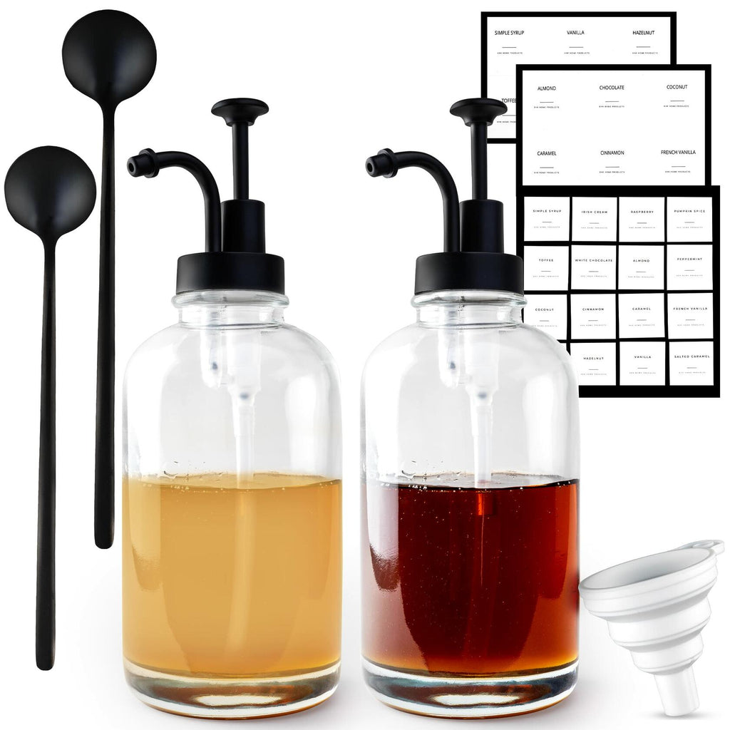 KHK Home Coffee Syrup Dispensers Glass Bottles w/Pumps & Spoons Set of 2 Black