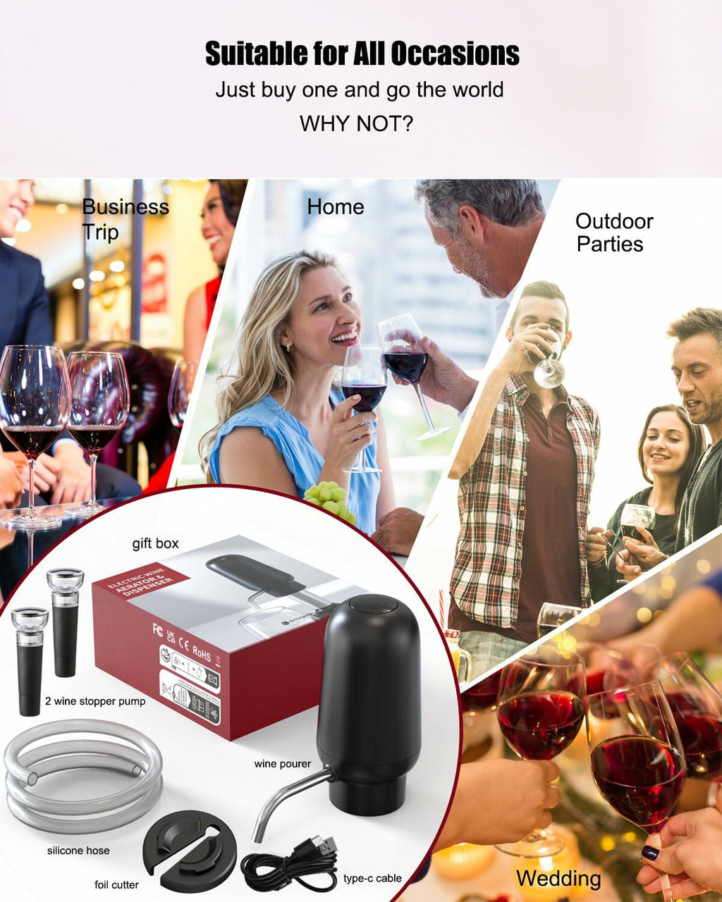 DERGUAM Electric Wine Aerator Rechargeable Portable with 2 Stoppers Black