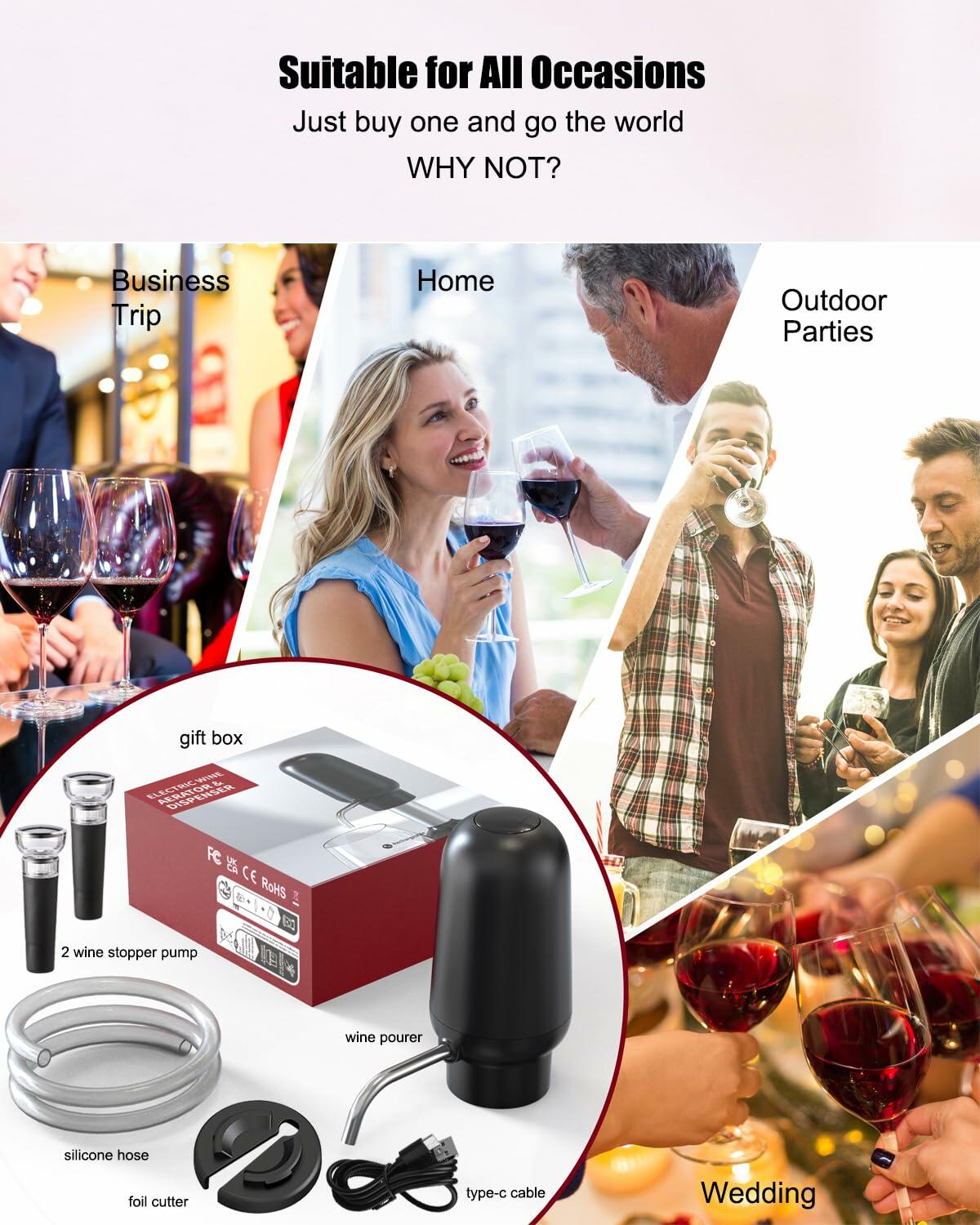DERGUAM Electric Wine Aerator Rechargeable Portable with 2 Stoppers Black
