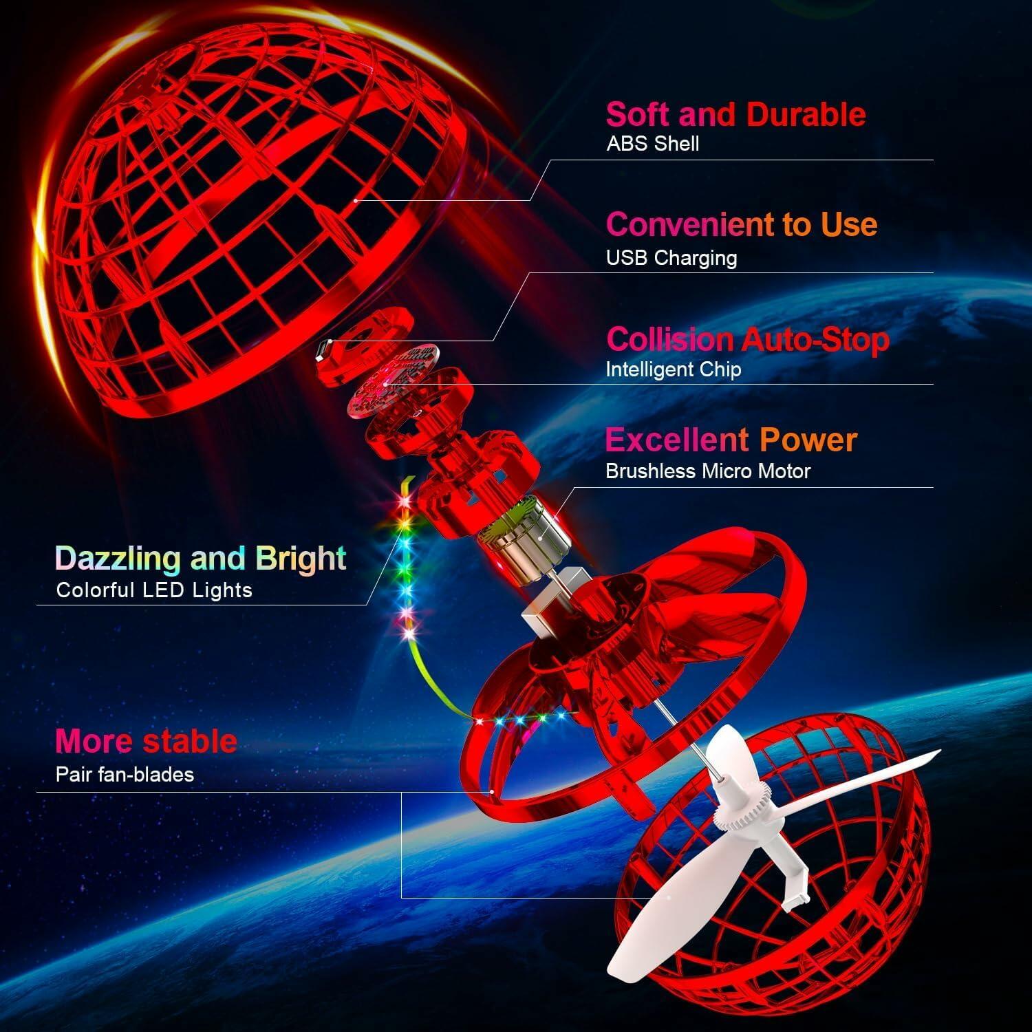 RSNG Flying Orb Ball Spinner Mini Drone 360 Rotating LED Toy Pink