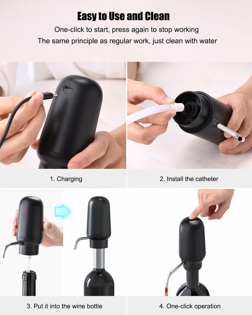 DERGUAM Electric Wine Aerator Rechargeable Portable with 2 Stoppers Black