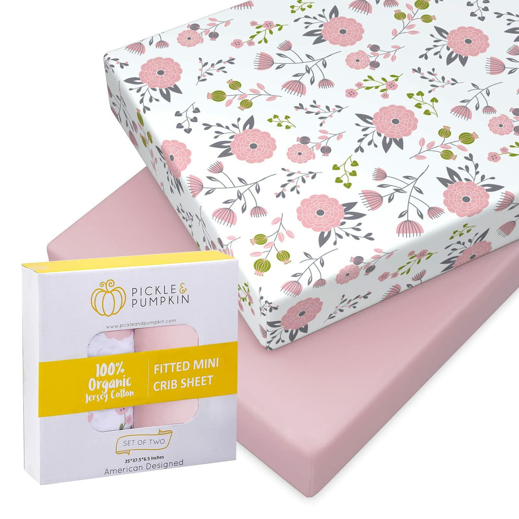 Pickle & Pumpkin Mini Crib Sheet Floral Pink Organic Cotton 2-Pack