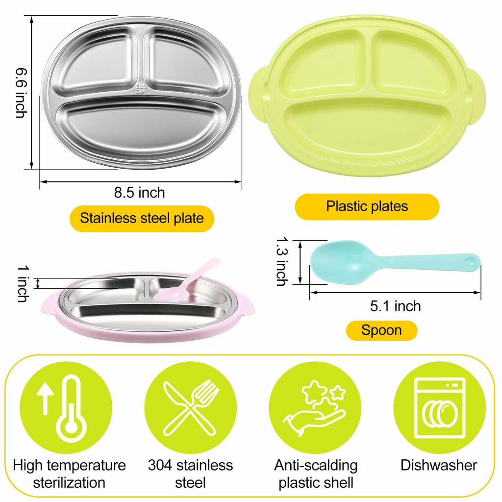 Nuogo 3 Pack Stainless Steel Kids Plates 3 Sections Multicolor 304 Steel