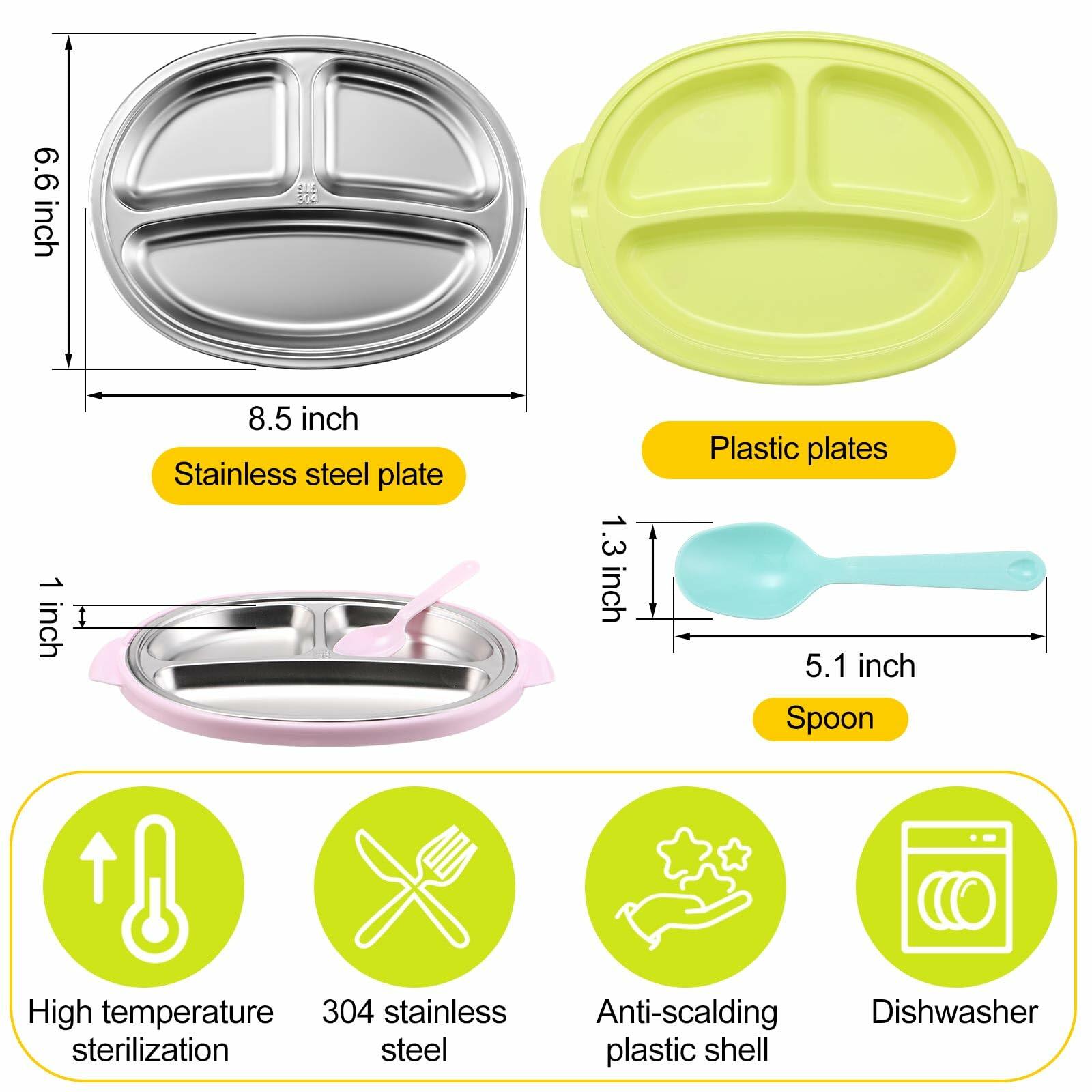 Nuogo 3 Pack Stainless Steel Kids Plates 3 Sections Multicolor 304 Steel