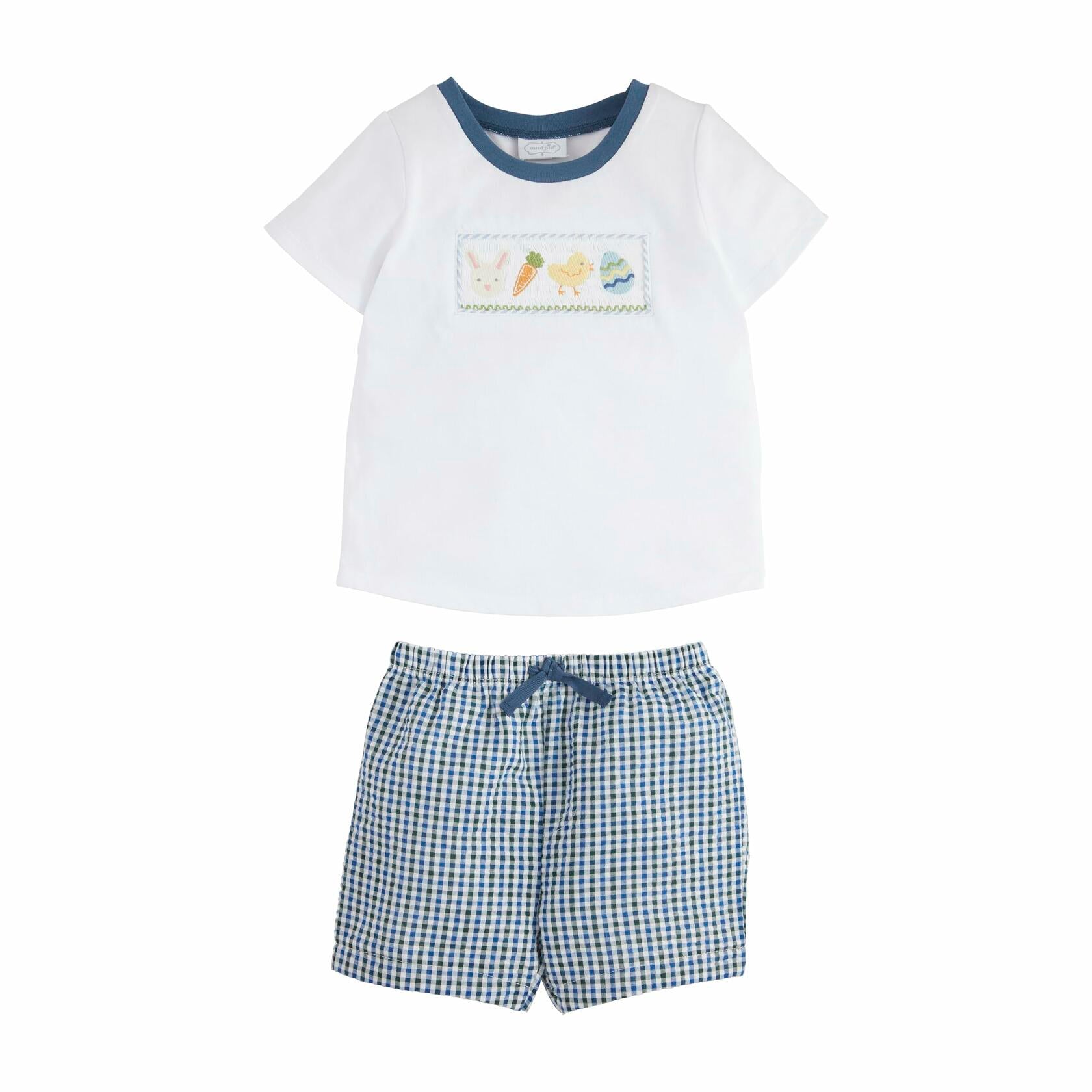 Mud Pie Easter Smocked Short Set Blue Gingham Size 4T-5T