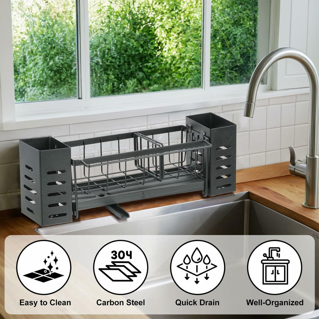 LBTING Sink Caddy Kitchen Organizer with 2 Brush Slots Black Carbon Steel
