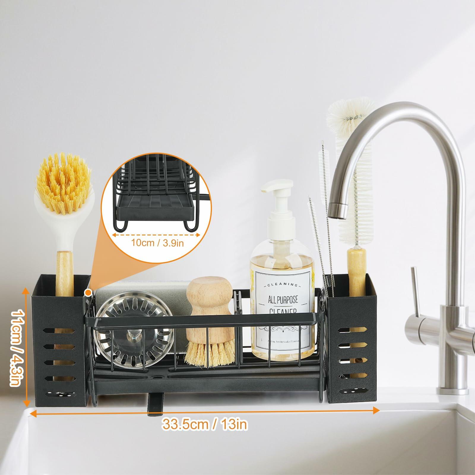 LBTING Sink Caddy Kitchen Organizer with 2 Brush Slots Black Carbon Steel