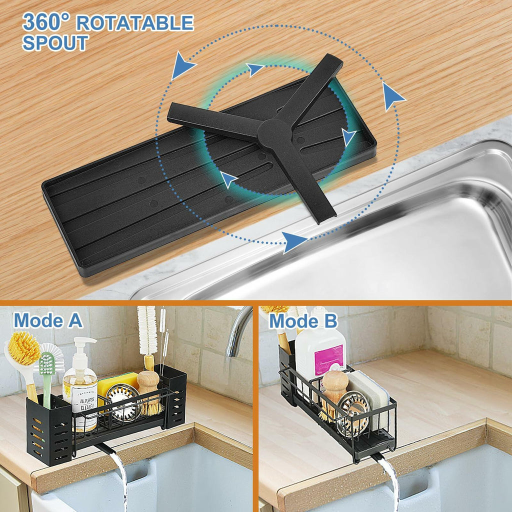 LBTING Sink Caddy Kitchen Organizer with 2 Brush Slots Black Carbon Steel