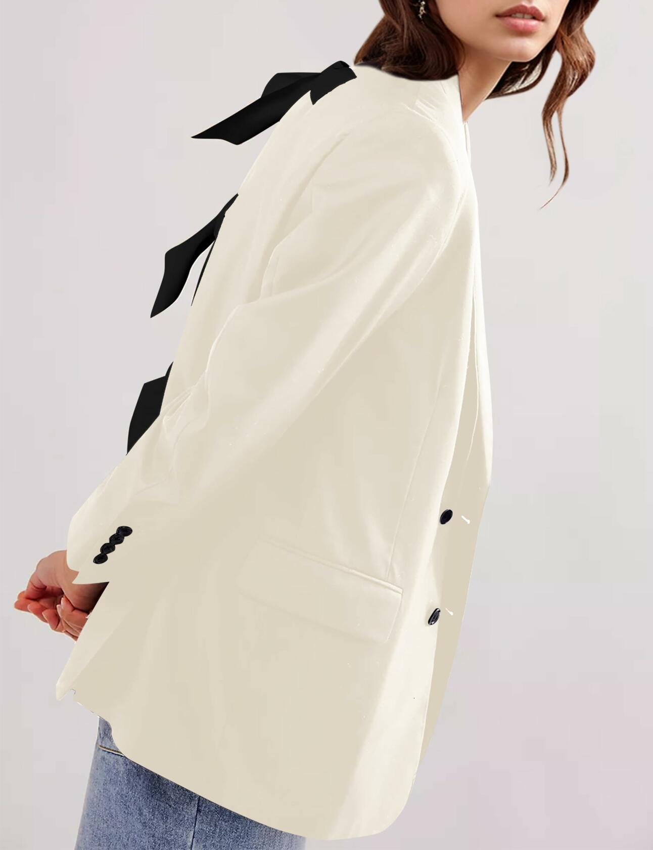 ICOBID Women Oversized Bow Tie Blazer Jacket Lapel Button Grey Size L