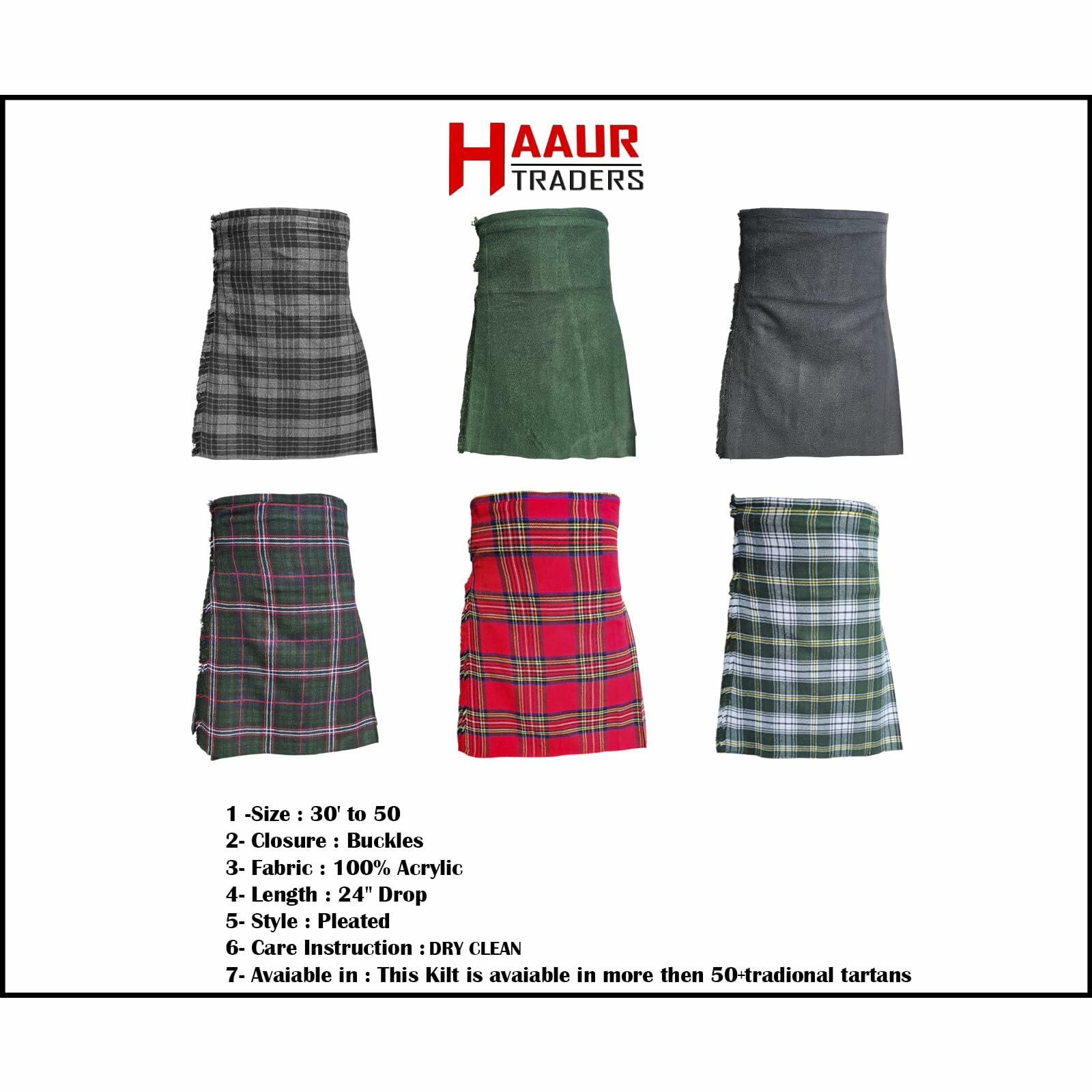 HAAUR TRADERS Men's Scottish Tartan Kilt Black Watch Leather Straps Size 36