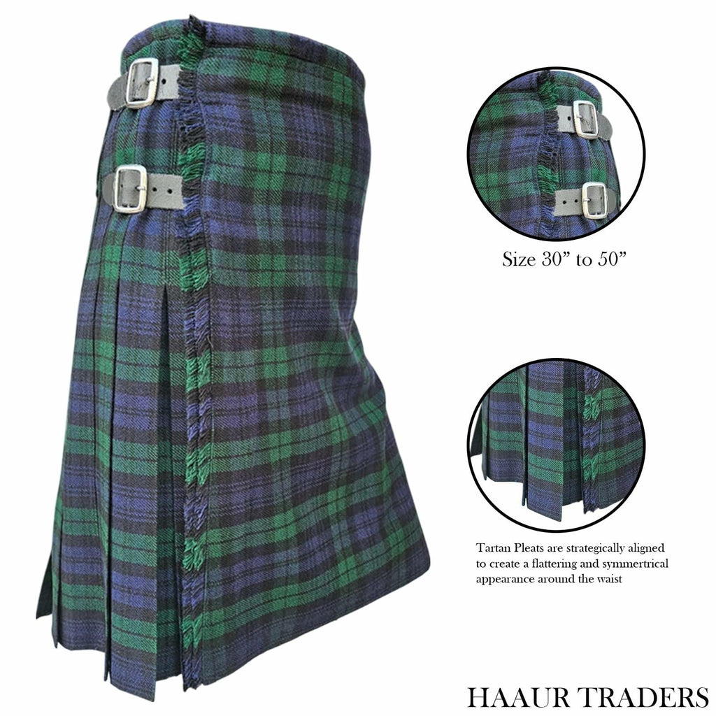 HAAUR TRADERS Men's Scottish Tartan Kilt Black Watch Leather Straps Size 36