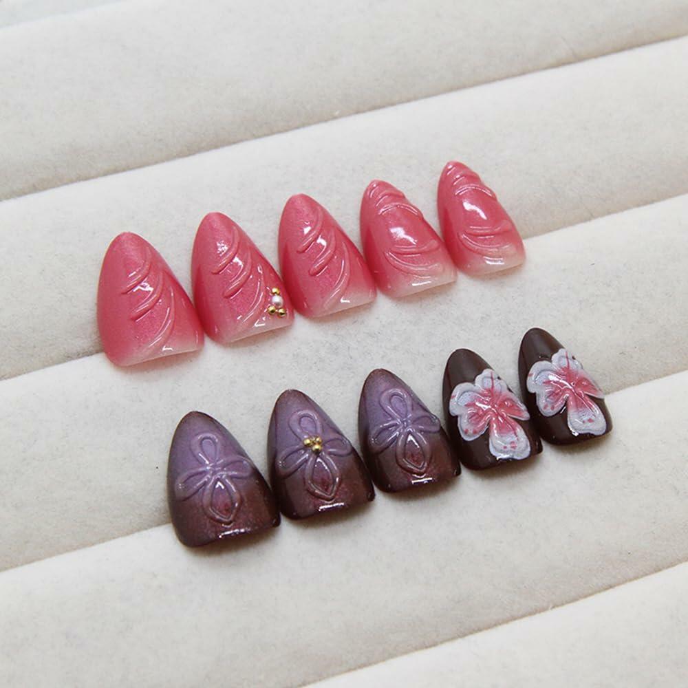 YEFIUO 30 Pcs Dark Purple Short Almond Press On Nails with 3D Flowers