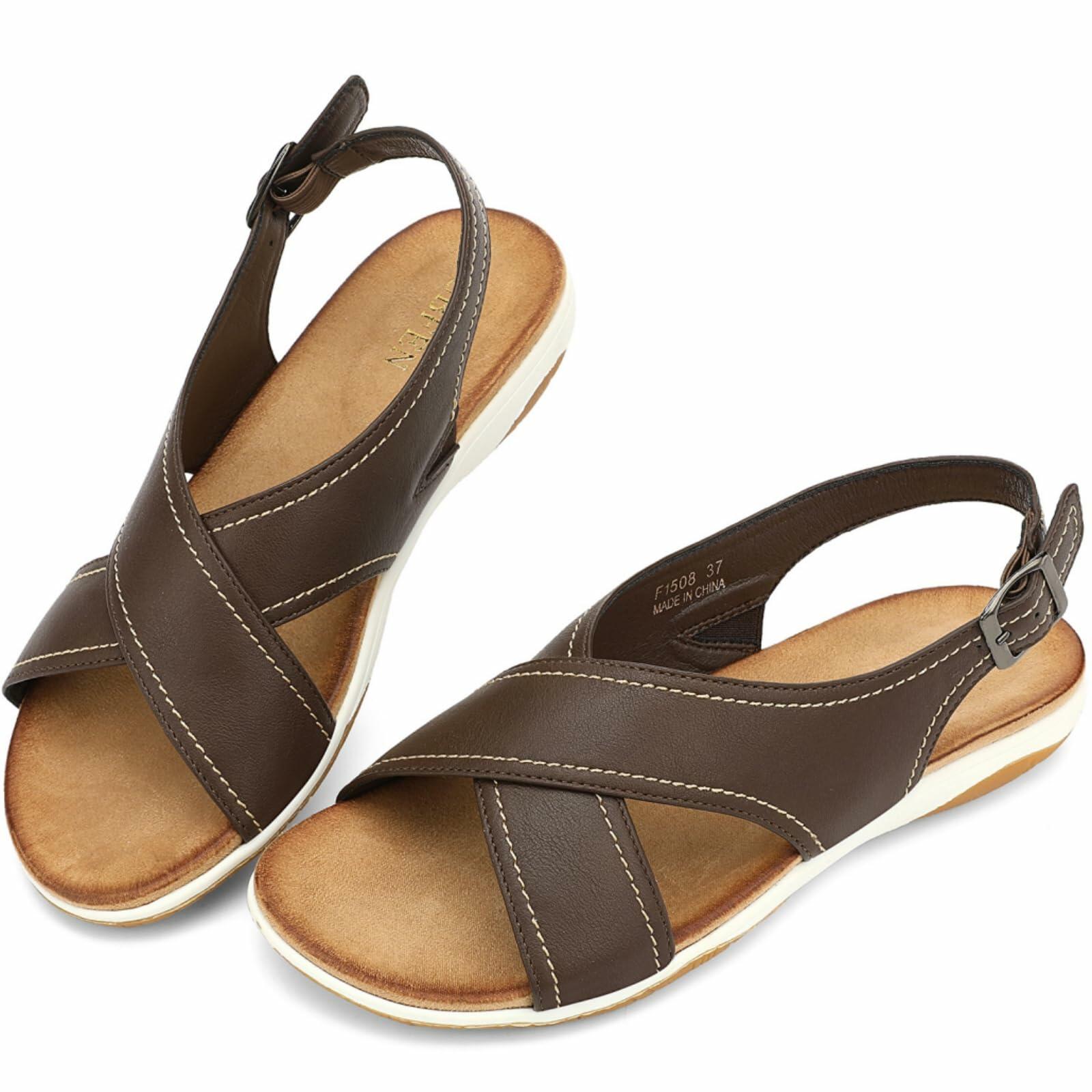UBFEN Womens Flat Sandals Arch Support Adjustable Slingback Coffee Size 8