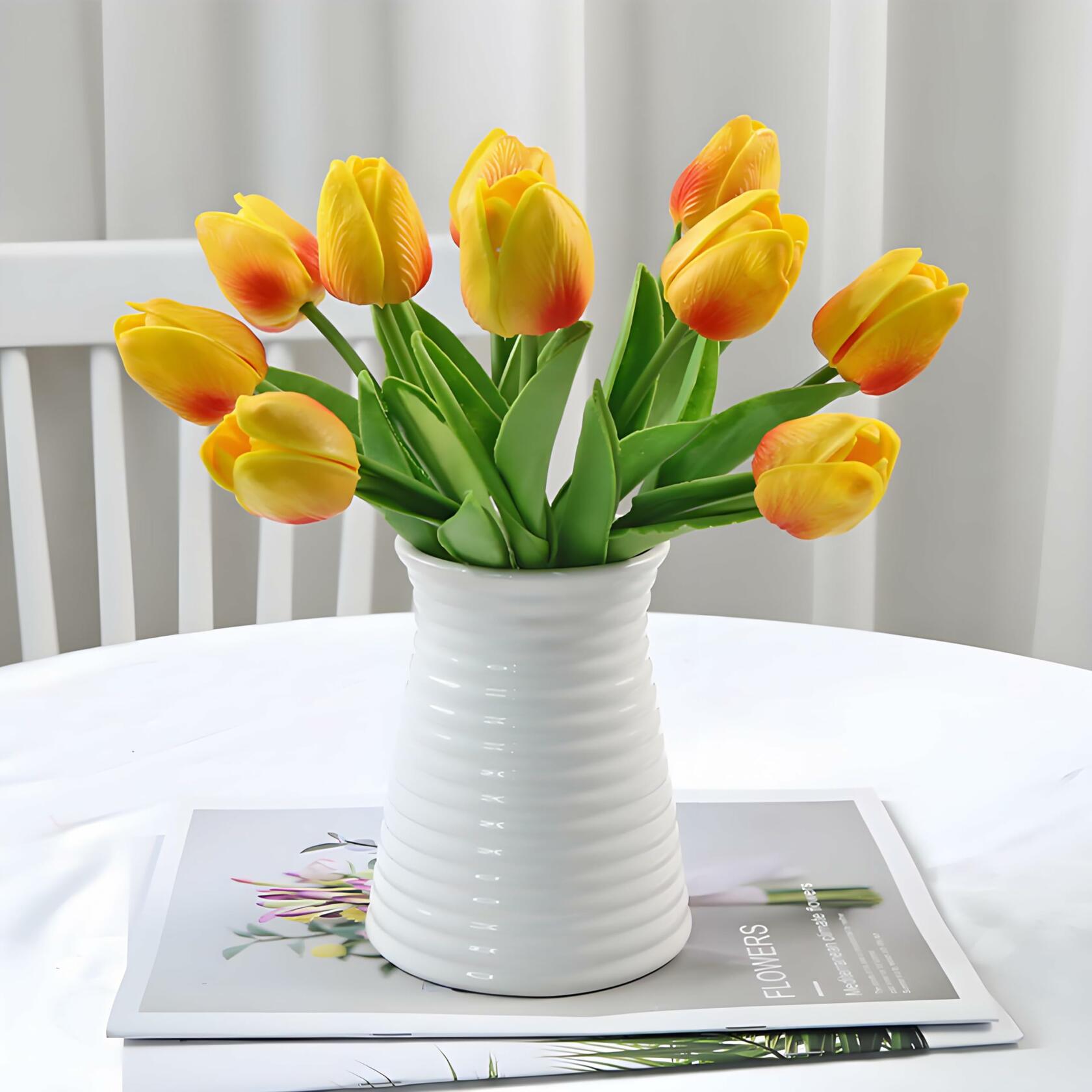 Tumhorn 10pcs Yellow Red Artificial Tulip Flowers 13in Silk Bouquet