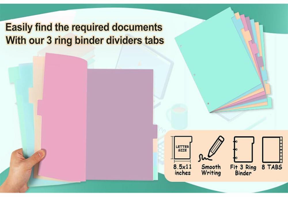 TREEHOLE 8 Tab Plastic Binder Dividers Set, Letter Size 8.5x11, Multicolor