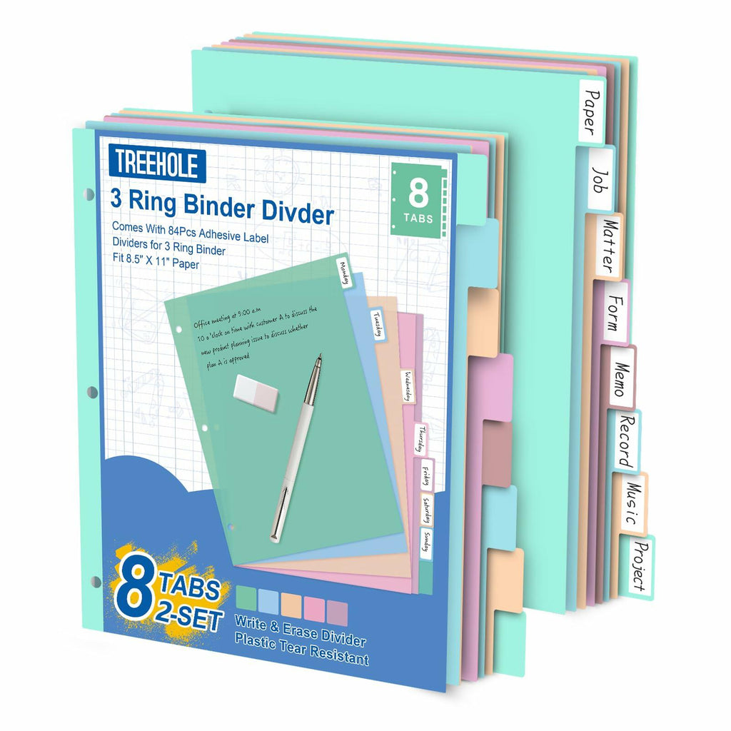 TREEHOLE 8 Tab Plastic Binder Dividers Set, Letter Size 8.5x11, Multicolor