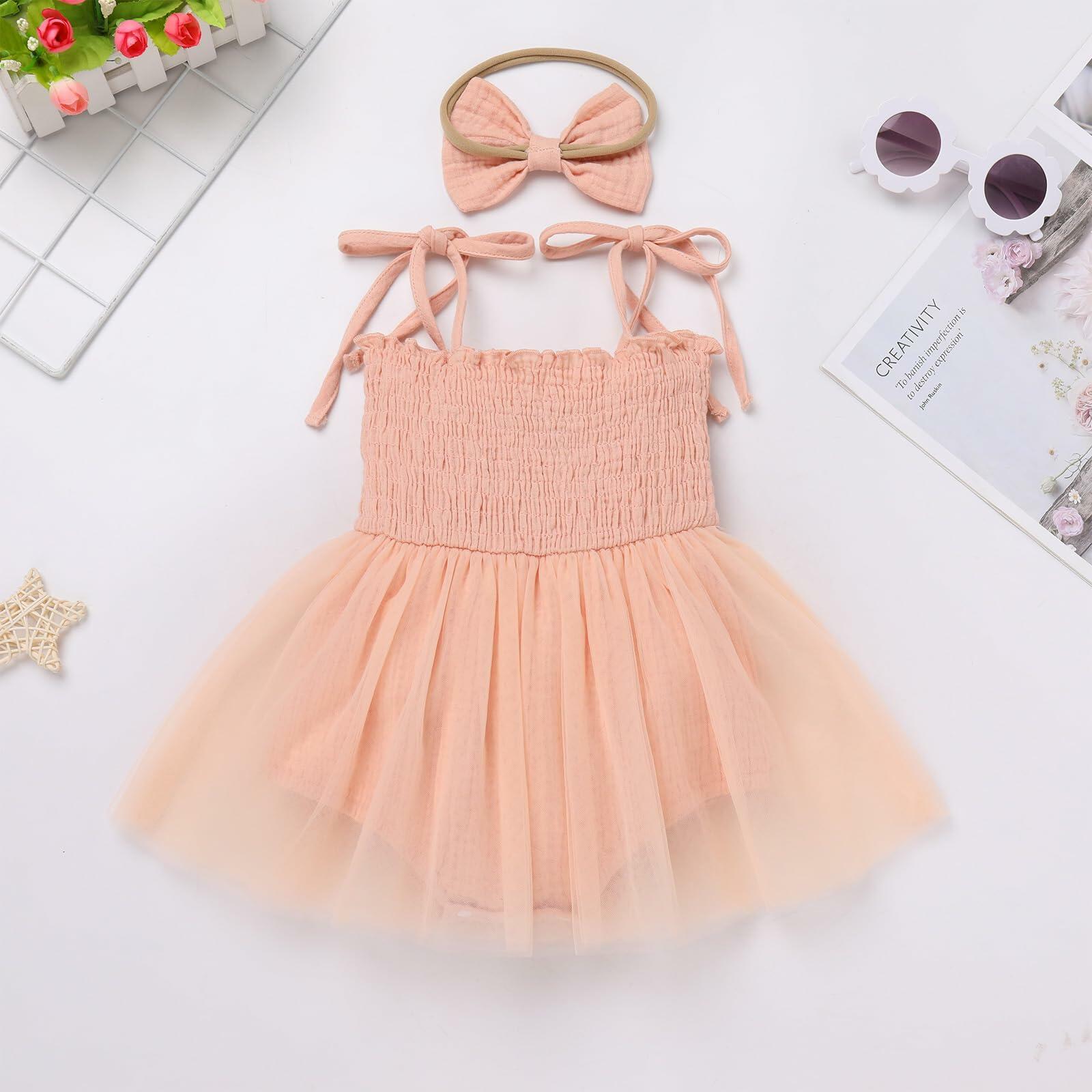 ODASDO First Birthday Outfit Baby Girl Peach Romper Dress Headband 12-18M
