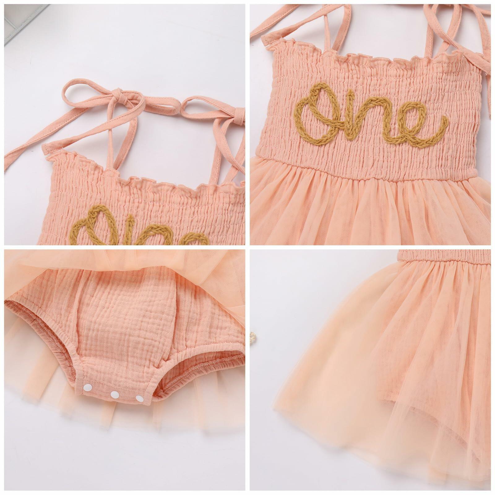 ODASDO First Birthday Outfit Baby Girl Peach Romper Dress Headband 12-18M