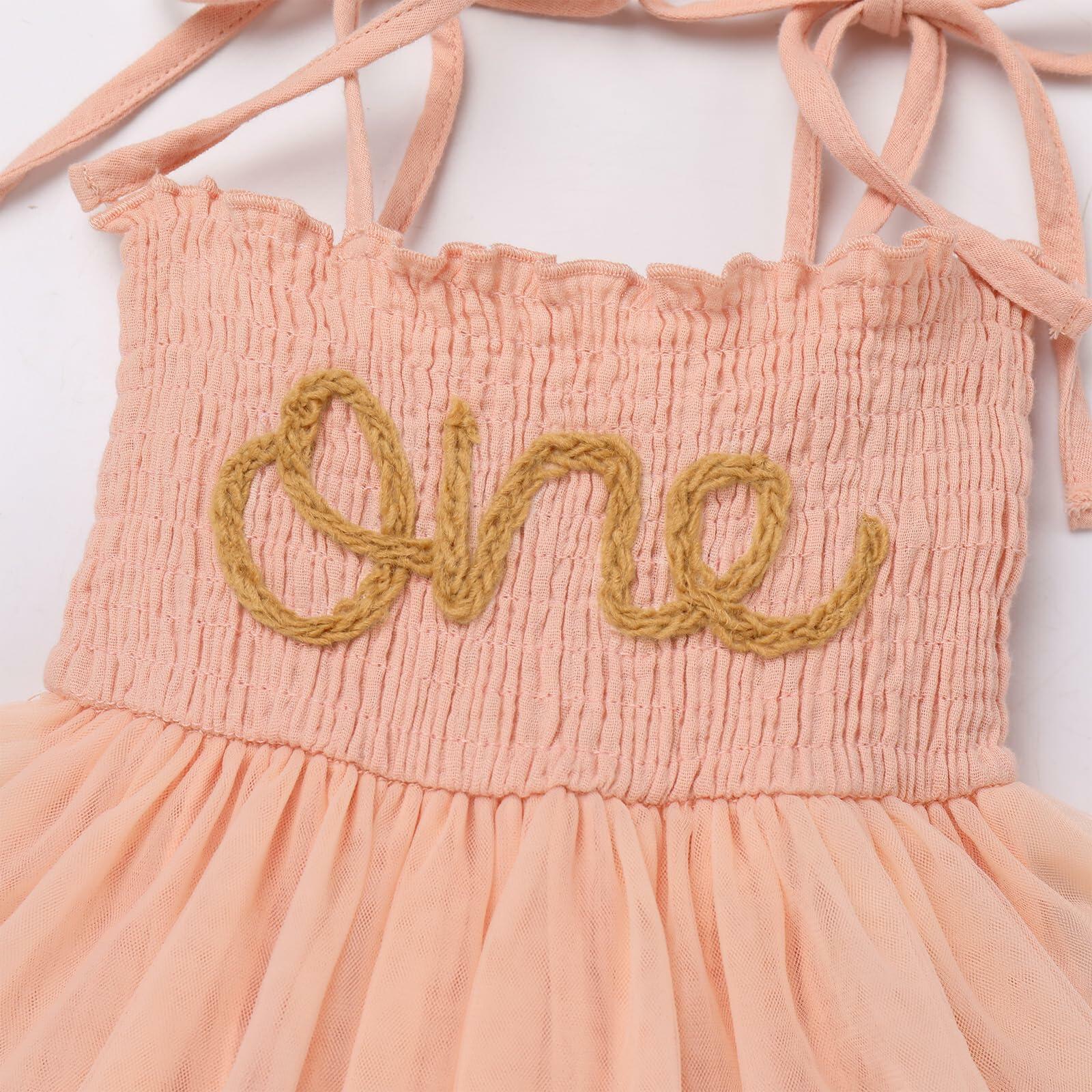 ODASDO First Birthday Outfit Baby Girl Peach Romper Dress Headband 12-18M