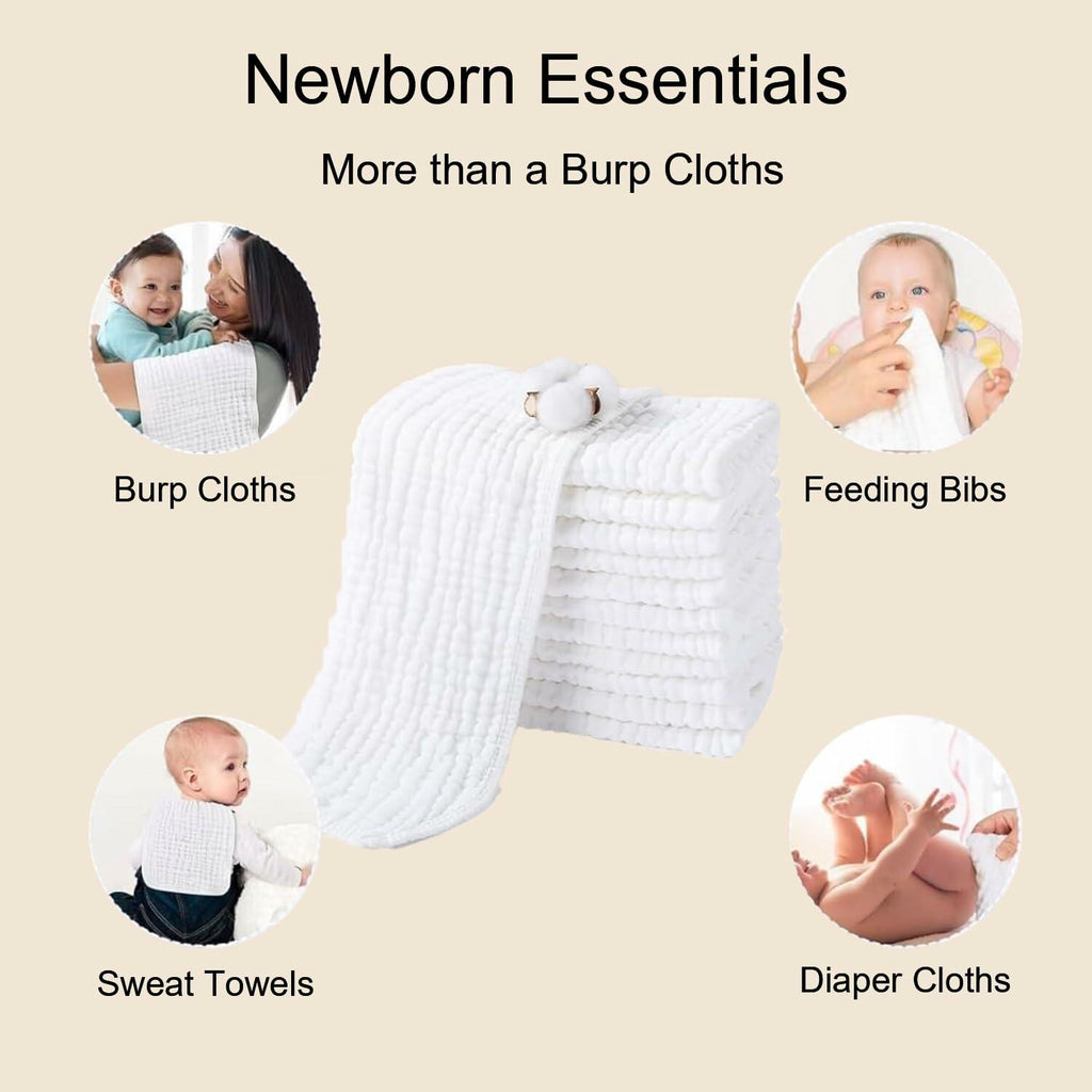 ROXANEPIG Organic Cotton Muslin Burp Cloths 8 Pack White Large 20x10
