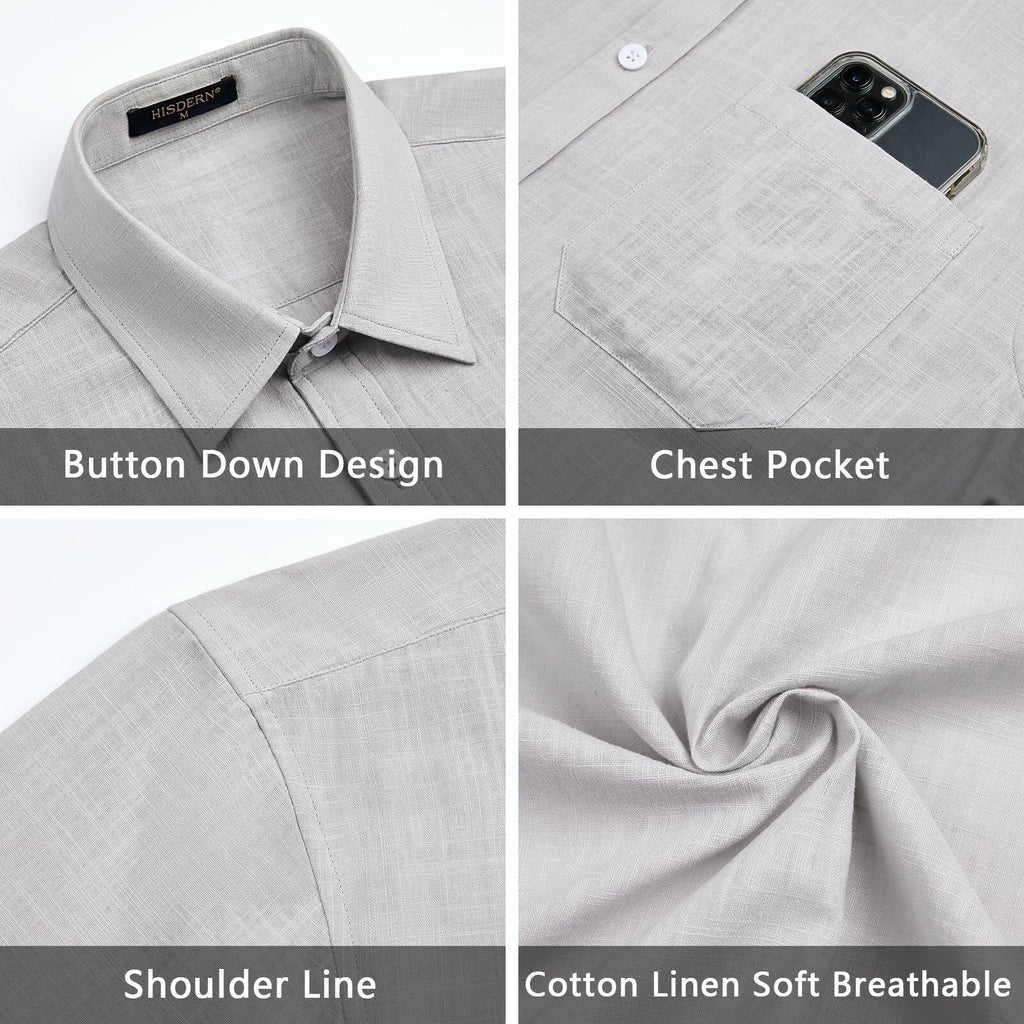 HISDERN Men's Linen Cotton Casual Button Down Shirt Grey Size 4X-Large