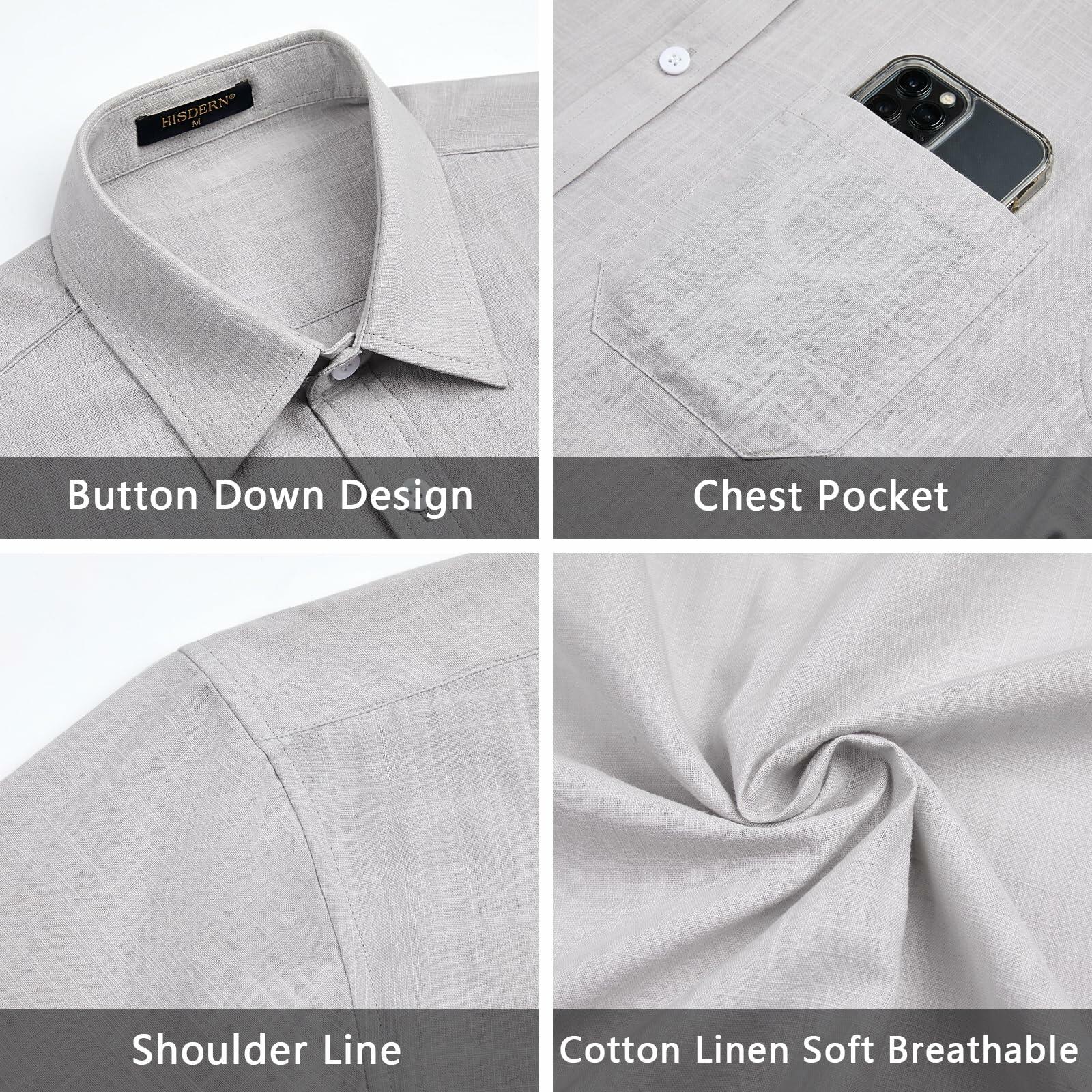 HISDERN Men's Linen Cotton Casual Button Down Shirt Grey Size 4X-Large