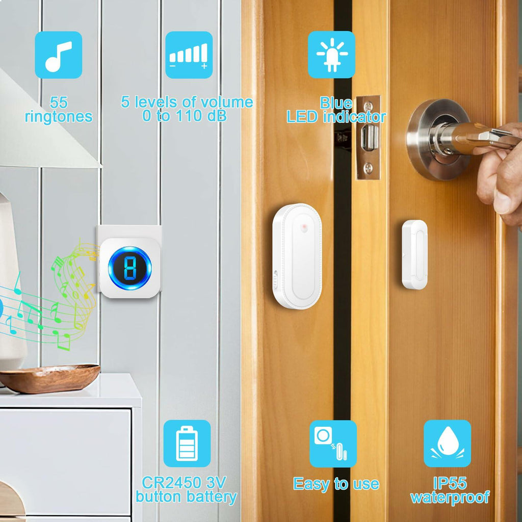 SURFOU Wireless Doorbell Chime 4 Sensors 2 Receivers 55 Chimes IP55 White