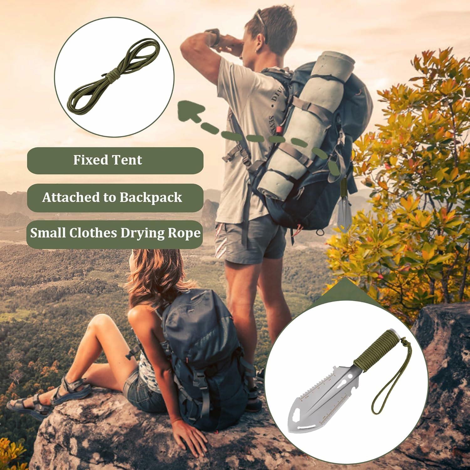 SISKEYCOOC 9-in-1 Camping Trowel with Flint Fire Starter Silver Ultralight