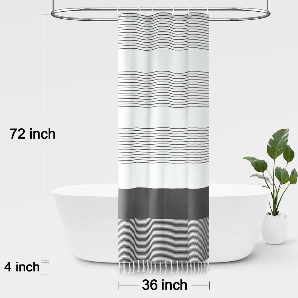 Awellife Stripe Tassel Shower Curtain Dark Grey 84x72 Boho Farmhouse