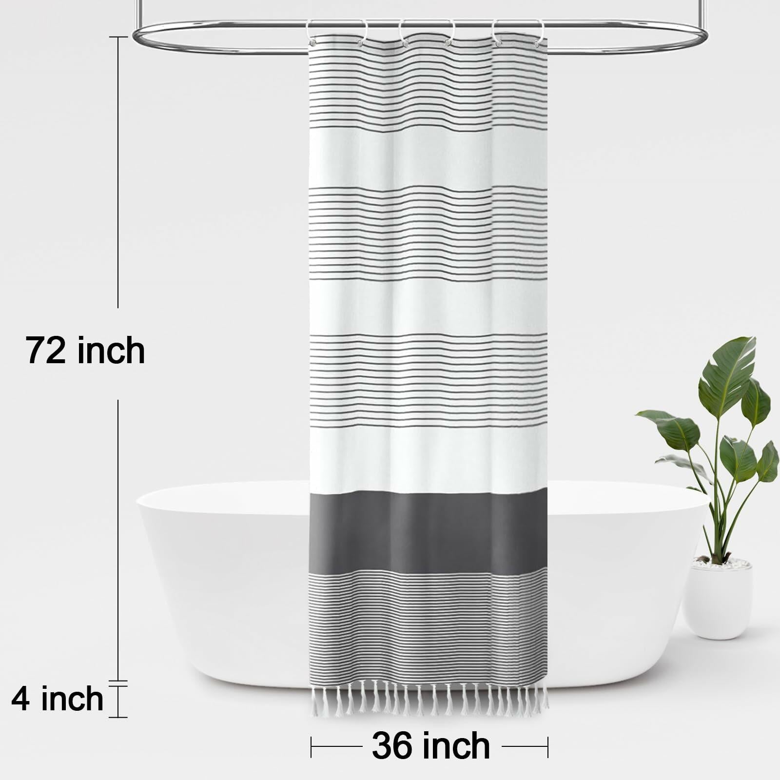 Awellife Stripe Tassel Shower Curtain Dark Grey 84x72 Boho Farmhouse