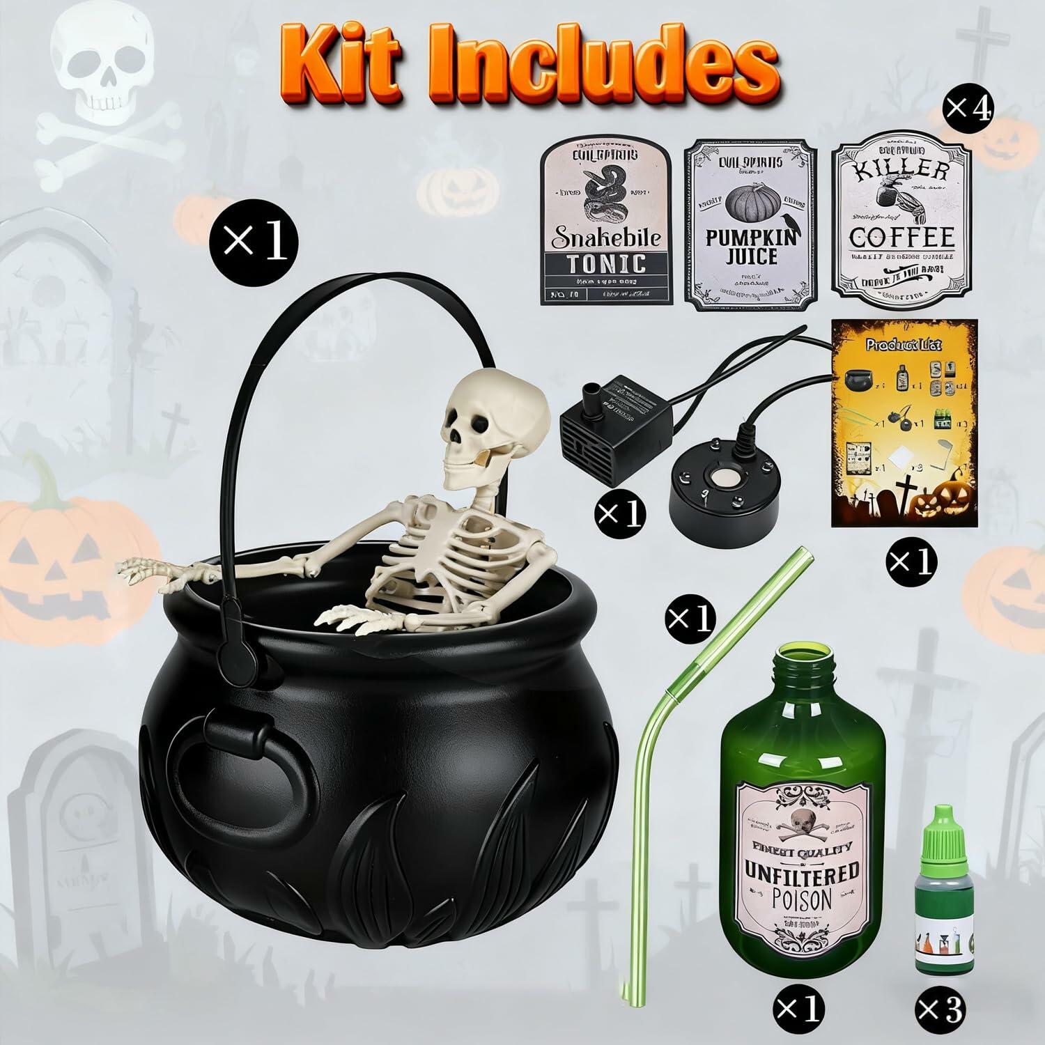 Miniling Large Black Cauldron Decor with Skeleton & Fog Diffuser 10x6.2in