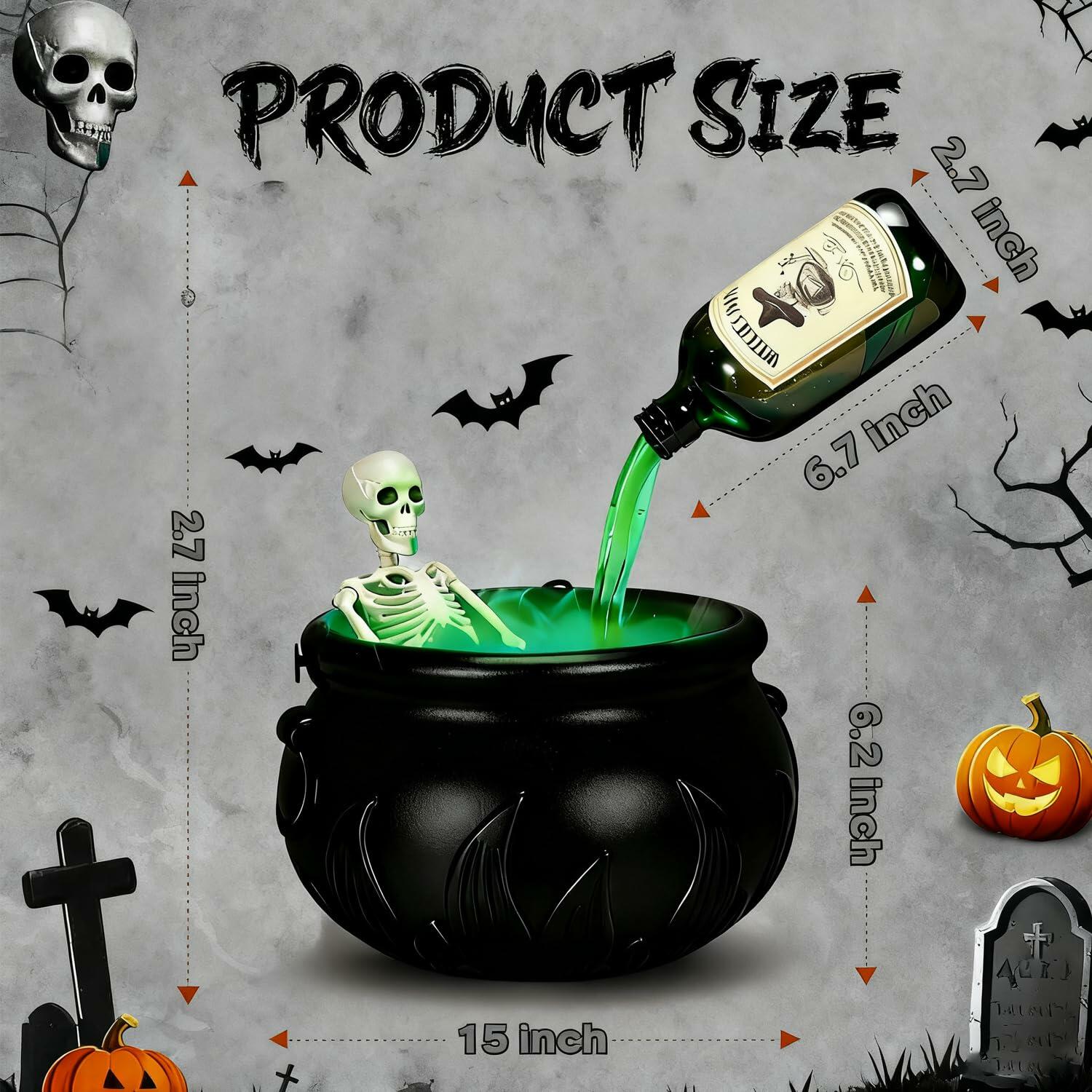Miniling Large Black Cauldron Decor with Skeleton & Fog Diffuser 10x6.2in