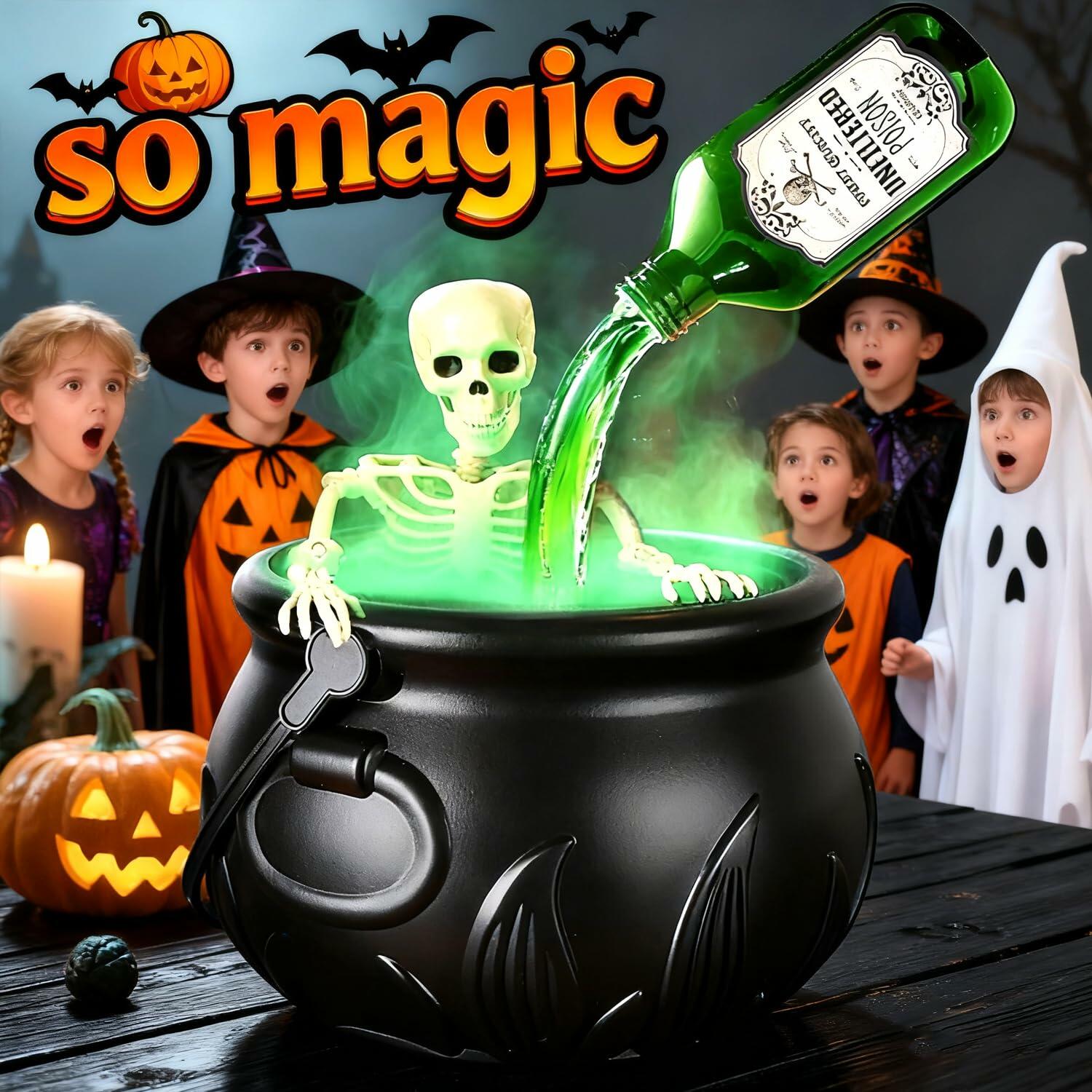 Miniling Large Black Cauldron Decor with Skeleton & Fog Diffuser 10x6.2in