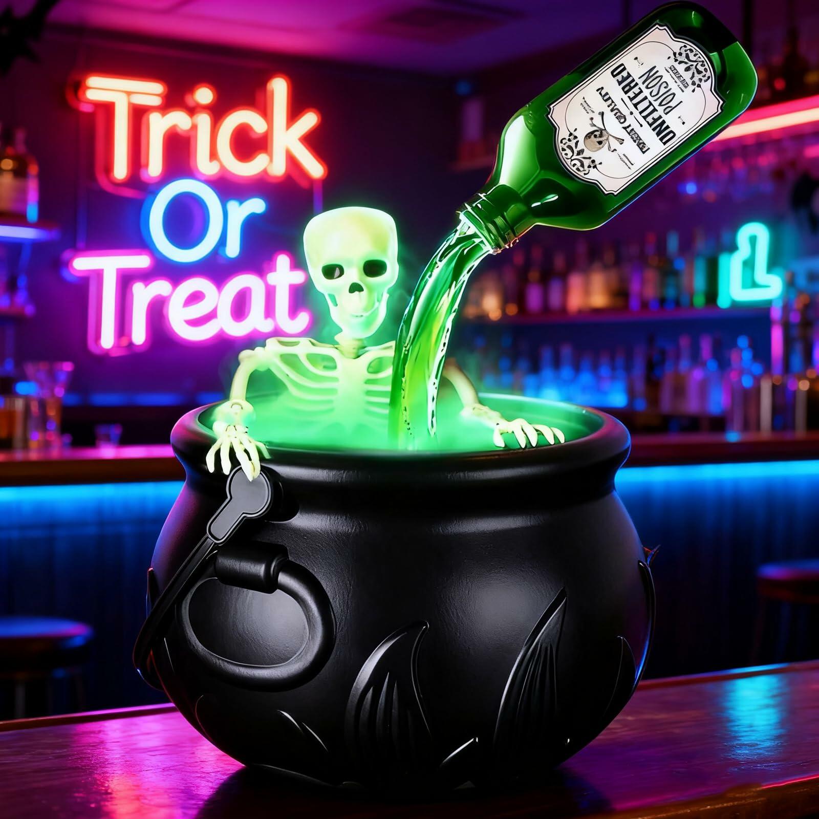 Miniling Large Black Cauldron Decor with Skeleton & Fog Diffuser 10x6.2in