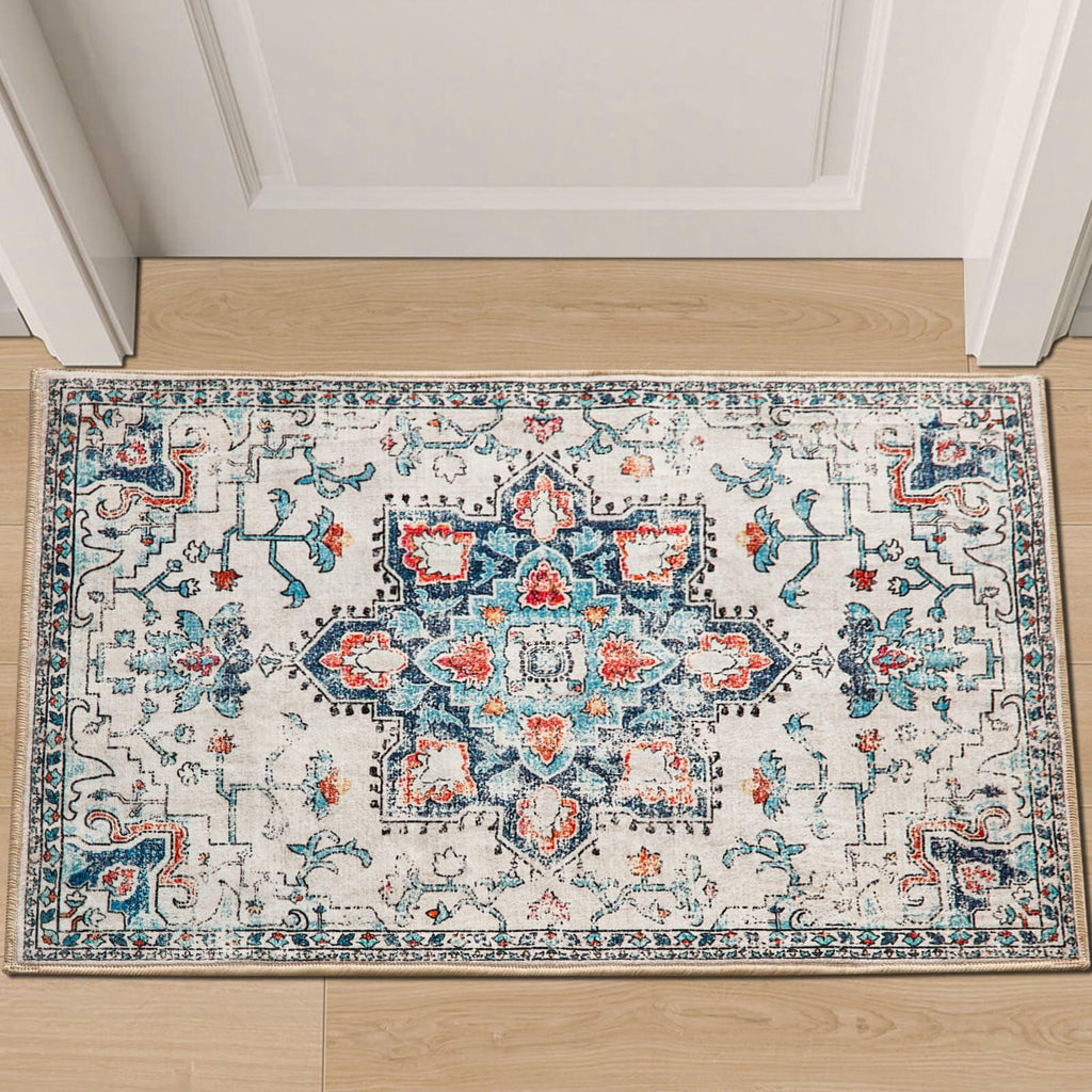 Puremy 2x3 Vintage Boho Entryway Rug Non Slip Low Pile Floral Cream