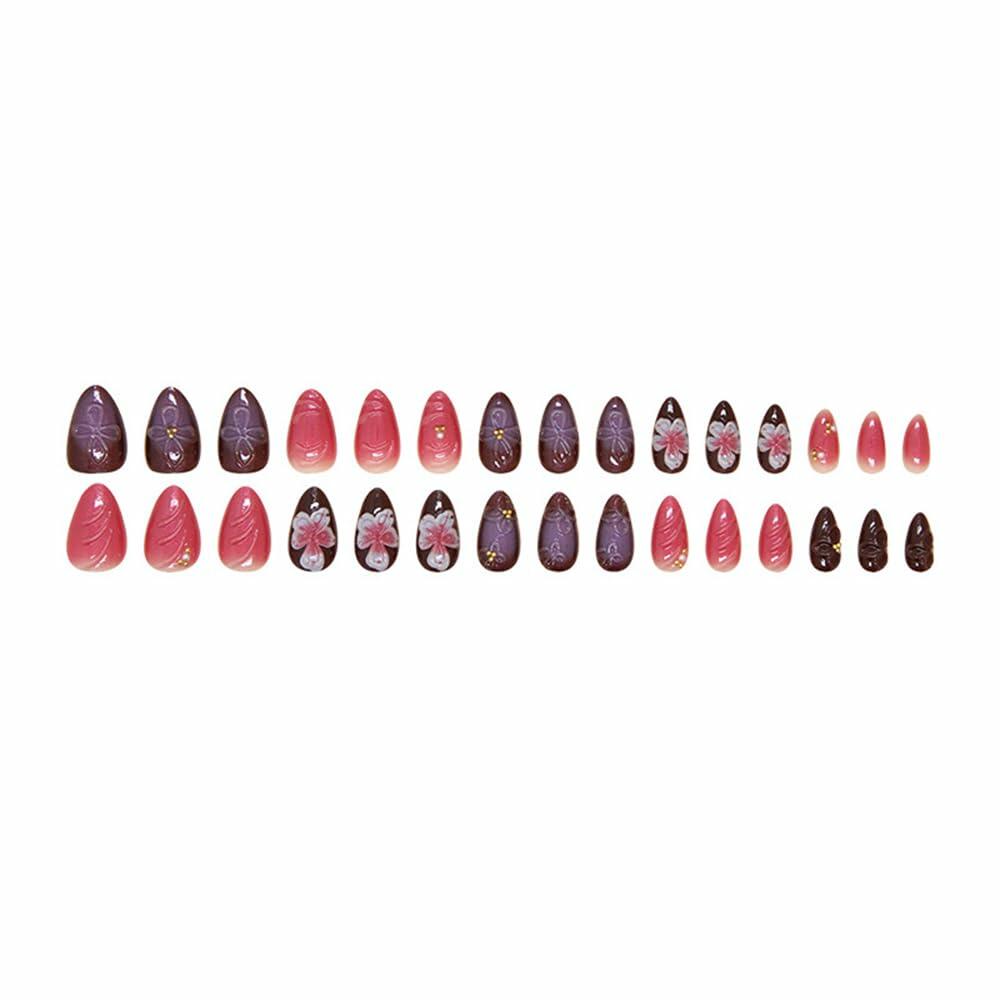 YEFIUO 30 Pcs Dark Purple Short Almond Press On Nails with 3D Flowers