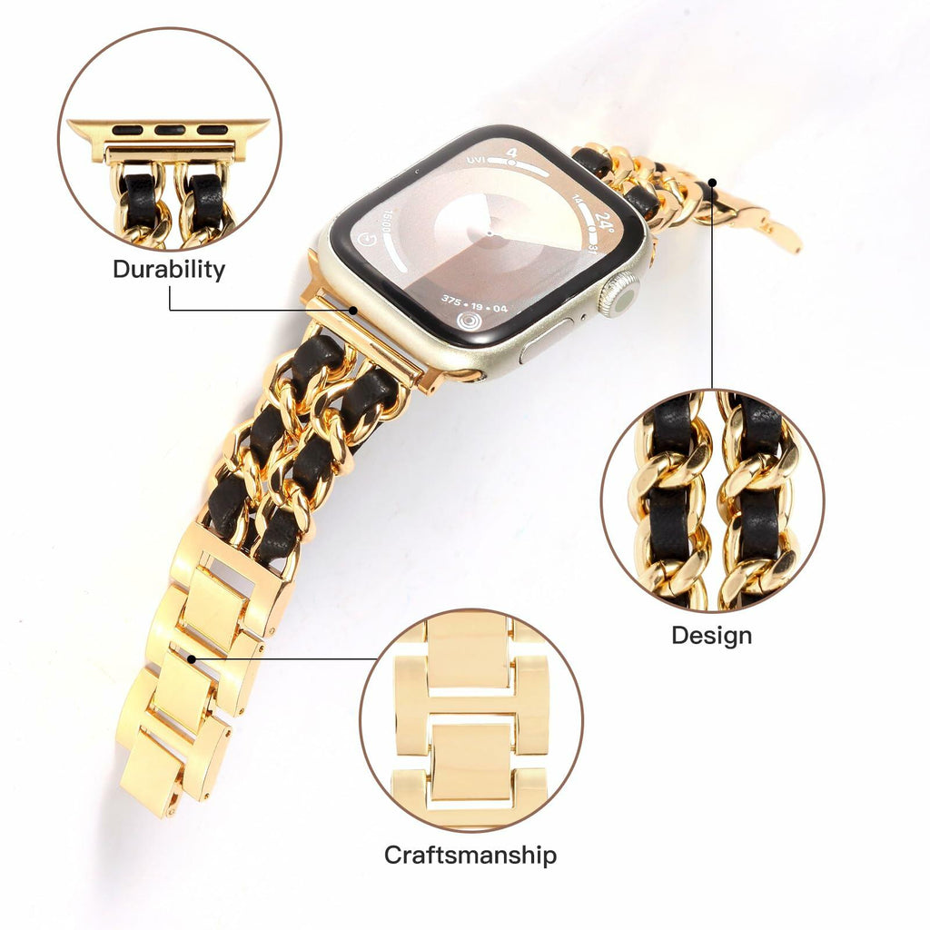 Long Pond Designer Apple Watch Metal Chain Bracelet Band 42-49mm Gold Black