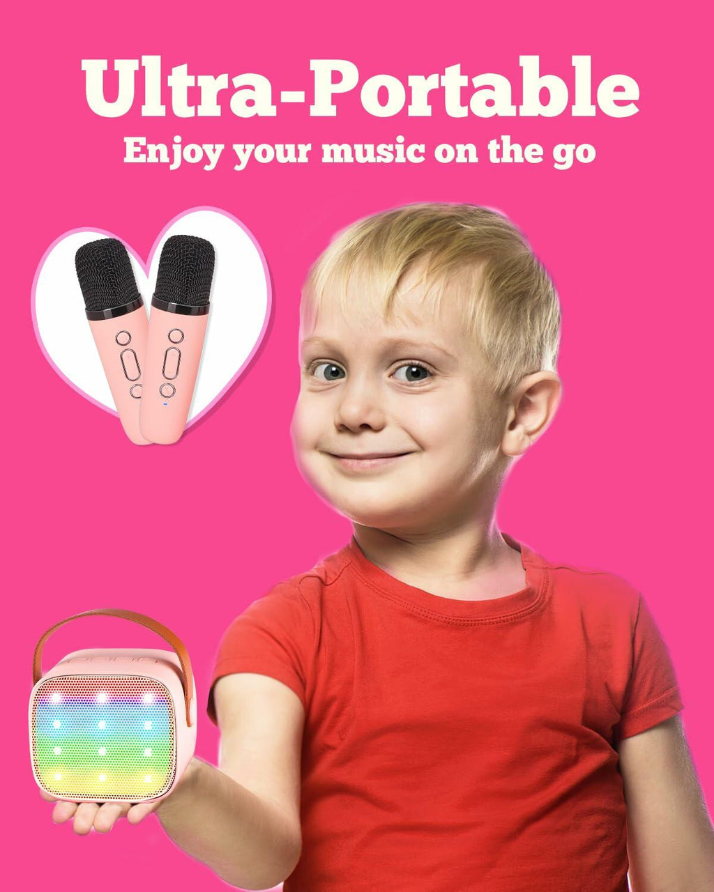 VERKB Kids Karaoke Machine Bluetooth Speaker 2 Wireless Mics Pink