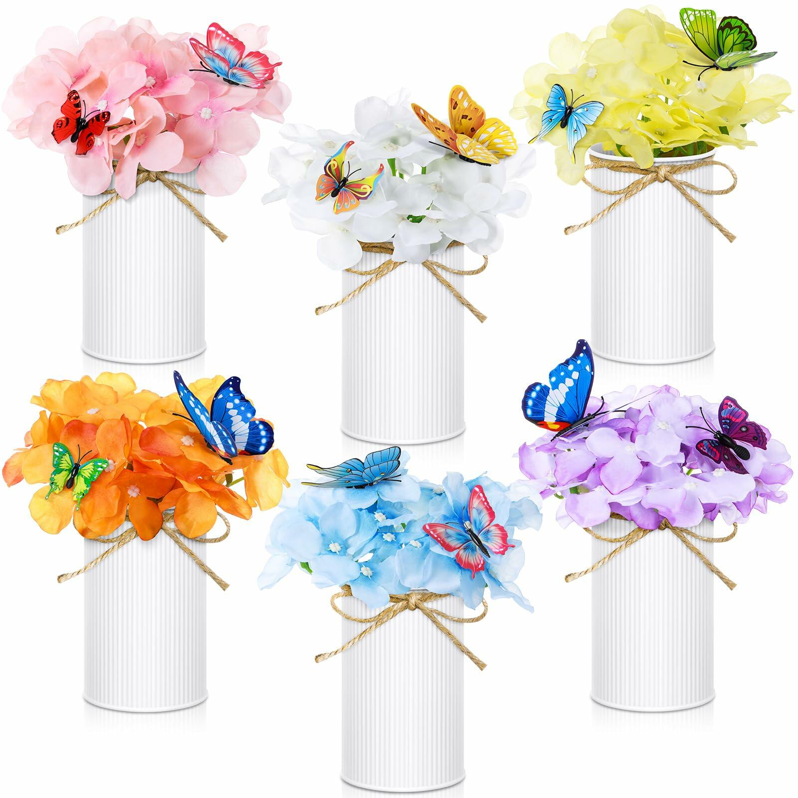 Mimorou 6 Sets Artificial Hydrangea Flower Centerpieces White Metal Pots
