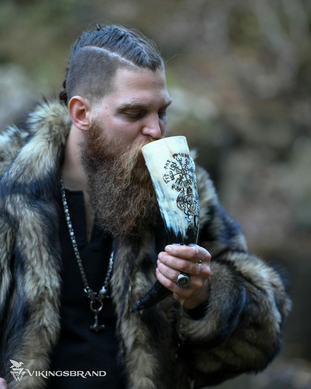 VikingsBrand Handmade Viking Drinking Horn with Stand Vegvisir Yggdrasil 19in